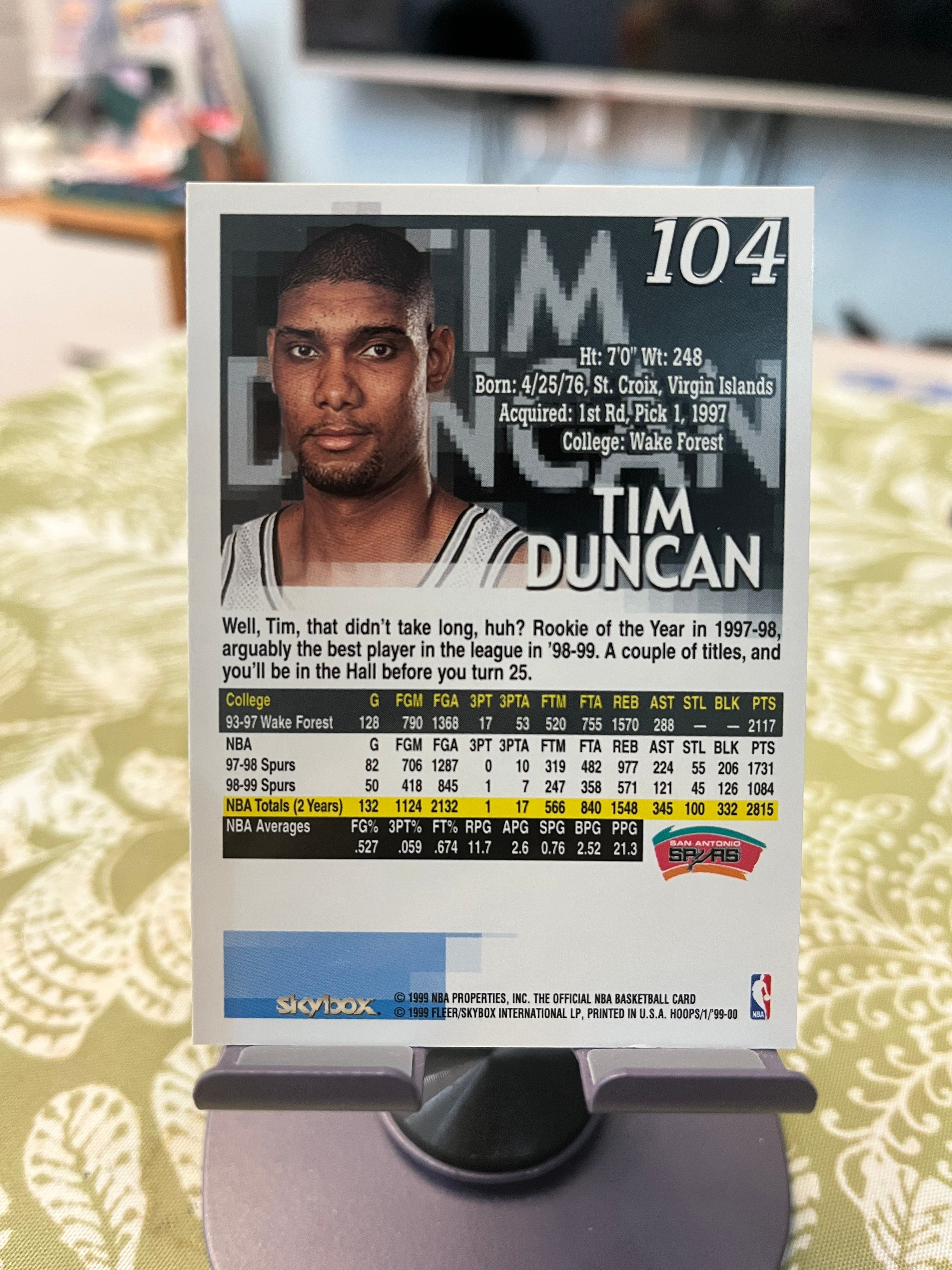 1999 SkyBox 老卡 老特 Tim Duncan 蒂姆 邓肯 石佛 马刺【NBA HOOPS】【边角瑕疵如图 介意勿拍】#1030