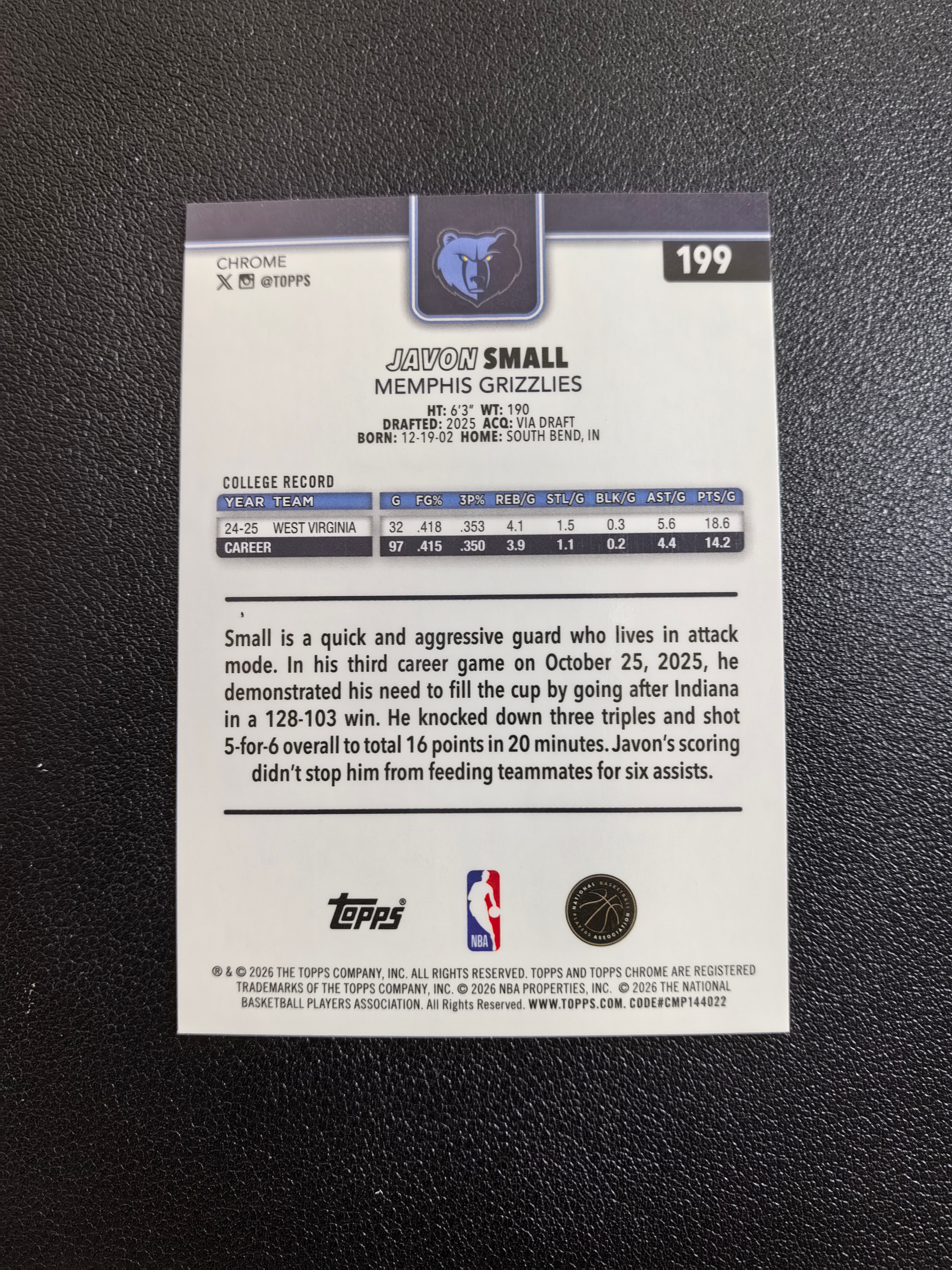 2025-26 Topps Chrome Update Javon Small RC 灰熊 贾冯斯莫尔 新秀 212/275编 黄波纹折 折射 微瑕 实卡精美 卡品如图 七哥