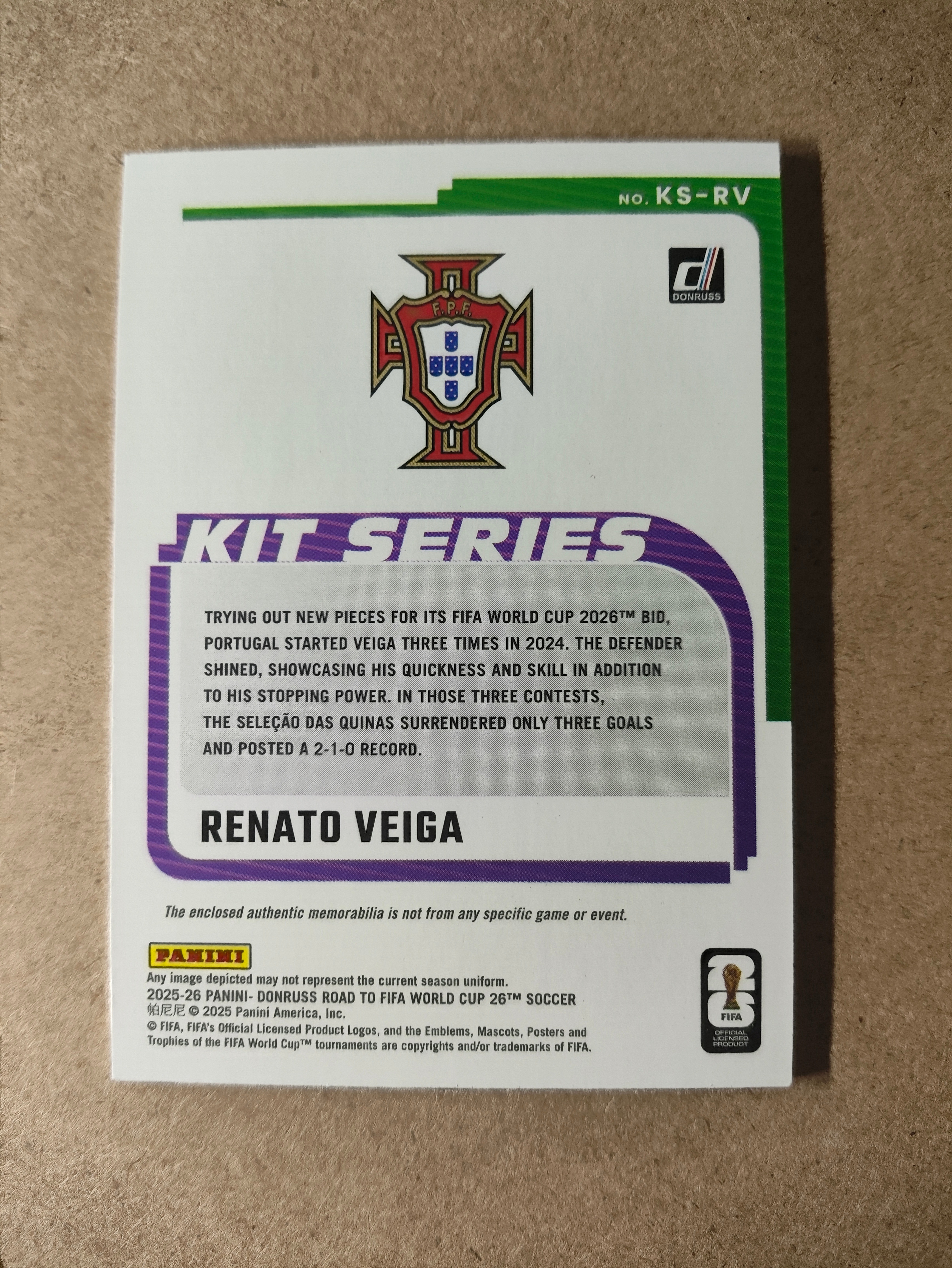 2025-26 Panini Donruss Road to World Cup Renato Veiga 杜蕾斯 世界杯之路 雷纳托·韦加 葡萄牙 patch物料切割 卡品如图