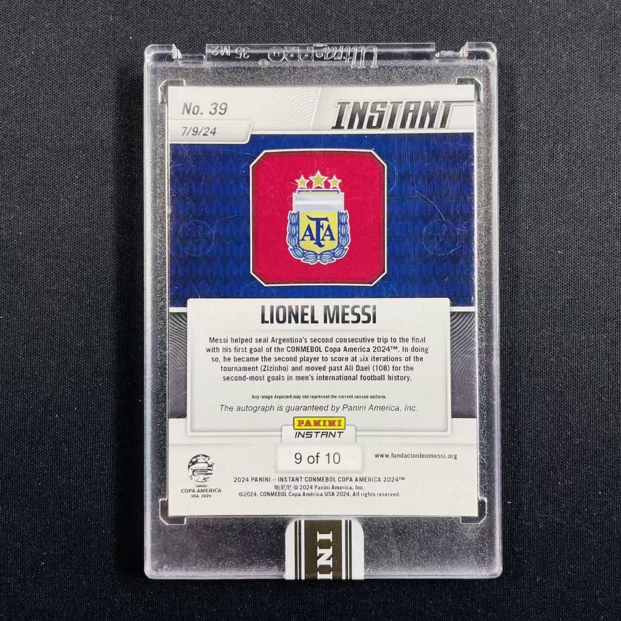 Carte Panini Instant Lionel Messi 43 Copa America 2024 - Gradée PSA 10 GEM - Collection Football