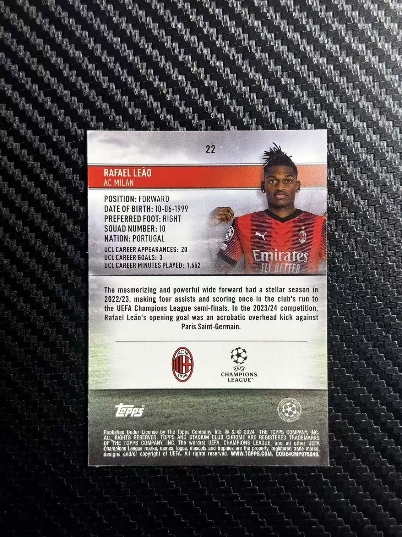 2024 Topps Stadium Club Chrome Rafael Leao 欧冠 竞技场 AC米兰 葡萄牙 莱奥 绿闪电折 027/125编 卡品如图 拍前看描述