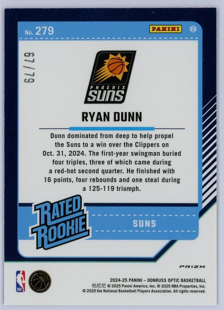 2024-25 Panini Optic Ryan Dunn RC 瑞安邓恩 新秀 79编 粉镭射折 折射 太阳 卡品如图 0KM4/11.9