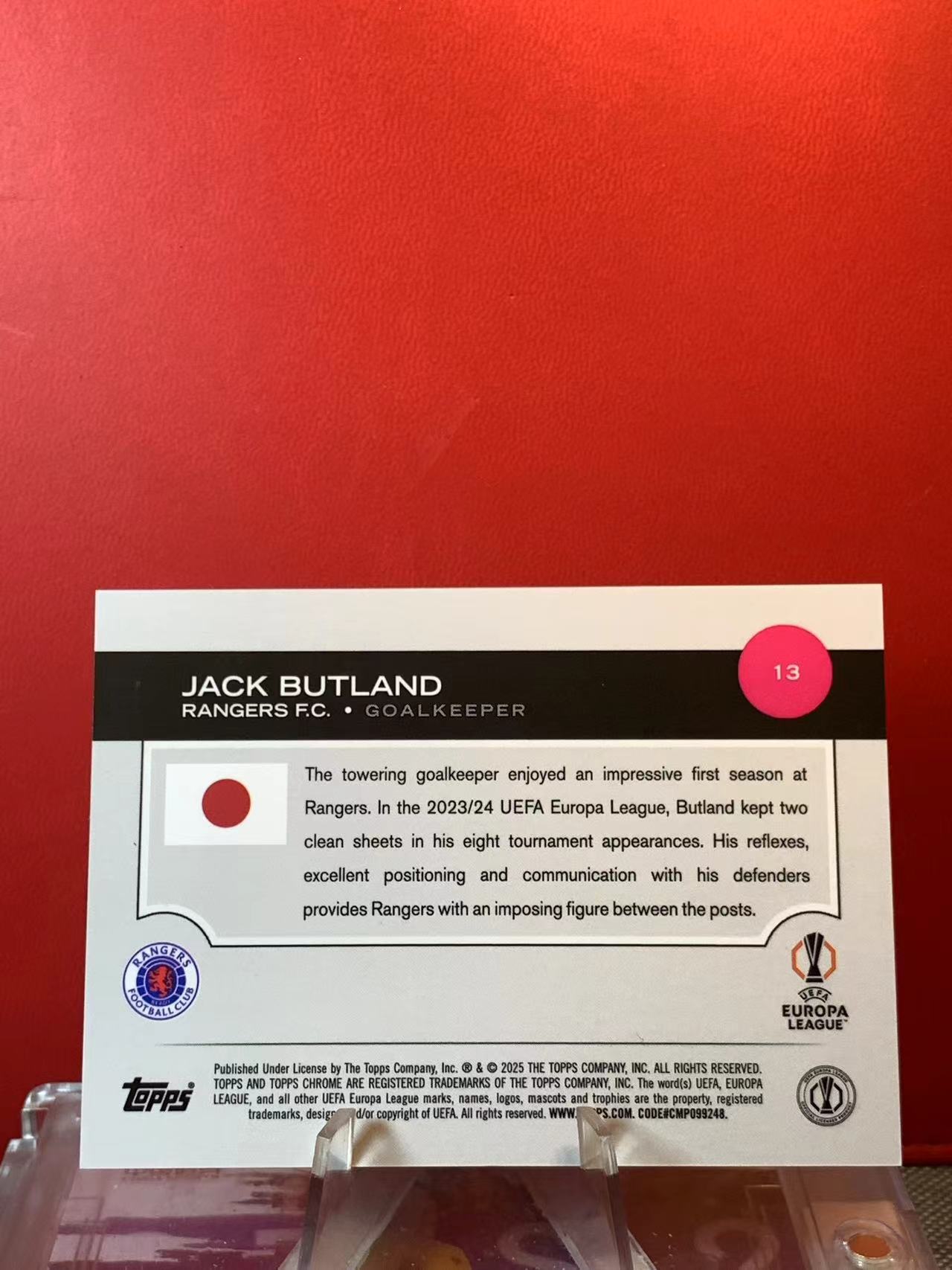(詹叔代拍)2025 topps chrome 欧冠 日版 杰克·巴特兰 布特兰Jack Butland 水晶宫 格拉斯哥流浪者 88/99编 绿mojo折 顺丰寄付 泰山