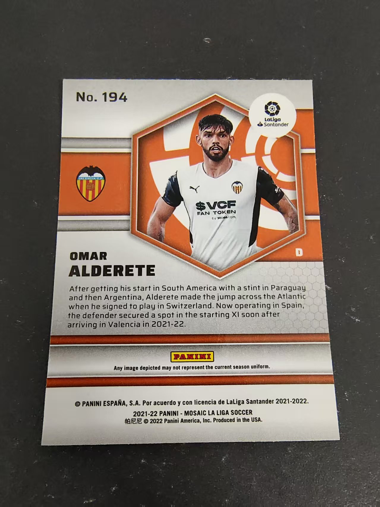 【可合并,不累计】2021-22 Panini Mosaic Omar Alderete 马赛克 西甲 瓦伦西亚 奥德莱特 新秀 RC 划痕 边角瑕疵 #194