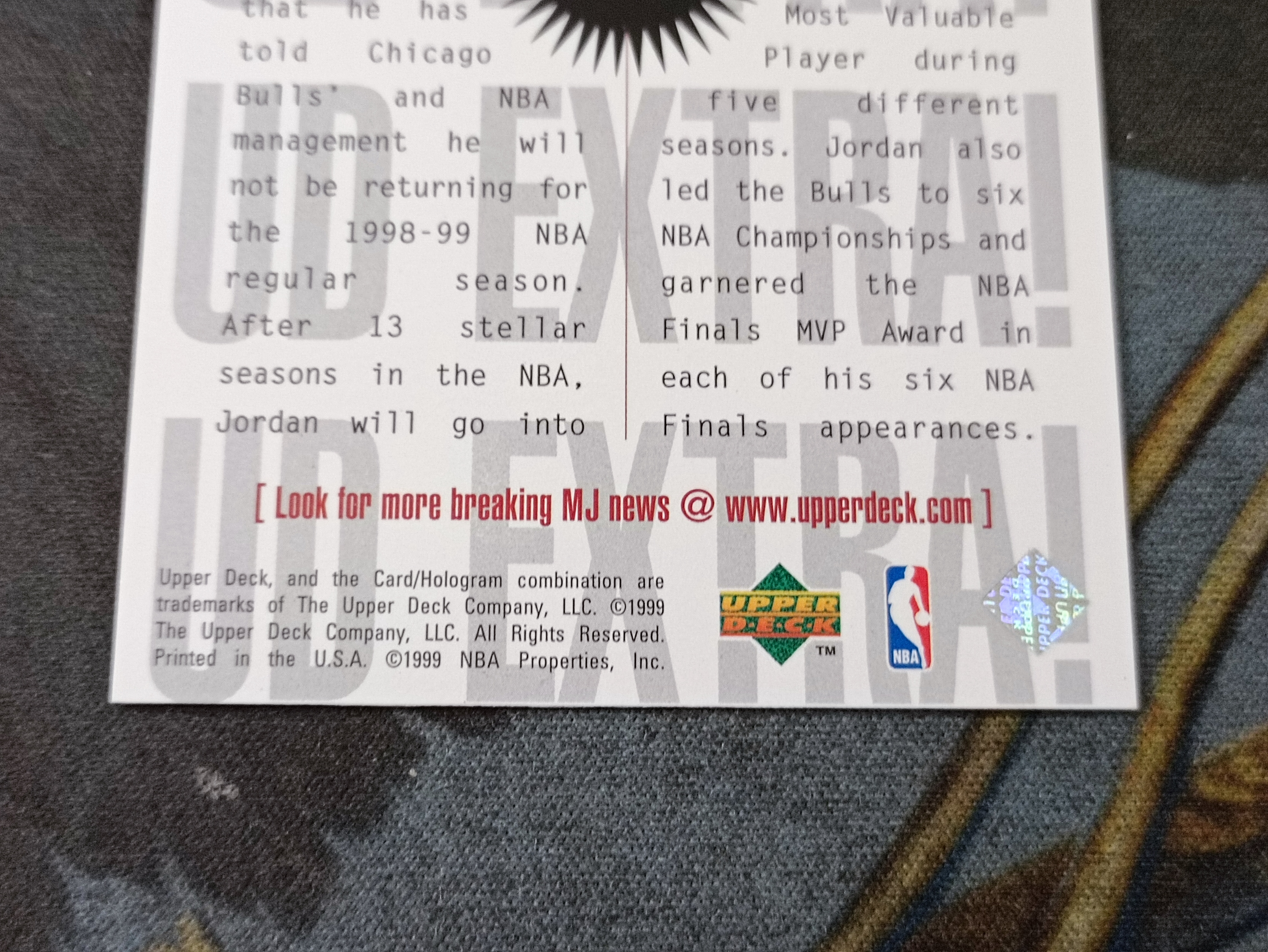 1999 Upper Deck UD EXTRA Michael Jordan 迈克尔乔丹 MJ23 经典老卡 RETIRES 公牛(品见大图)《苏州卡通》J【XW】