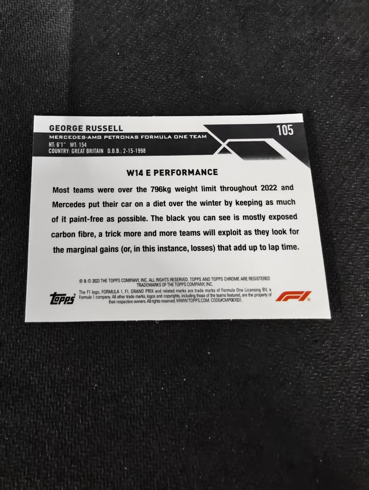 2023 Topps Chrome F1 George Russell 乔治 拉塞尔 梅赛德斯车队 划痕 边角瑕疵 #105