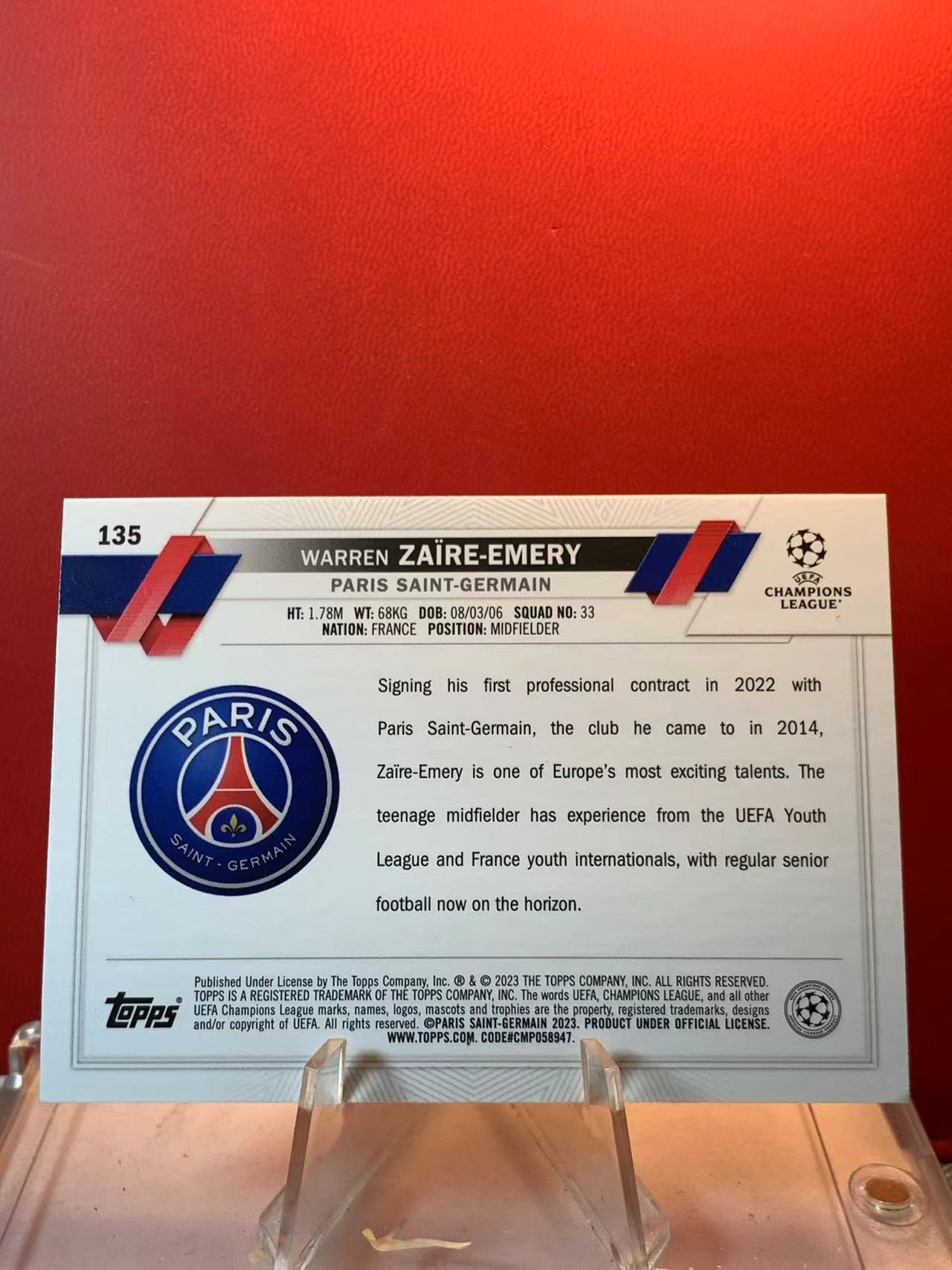 (詹叔代拍)2023 Topps Chrome Warren Zaïre-Emery RC 埃梅里 新秀 大巴黎 法国 碧玉折 碧玉 欧冠 卡品如图 顺丰寄付