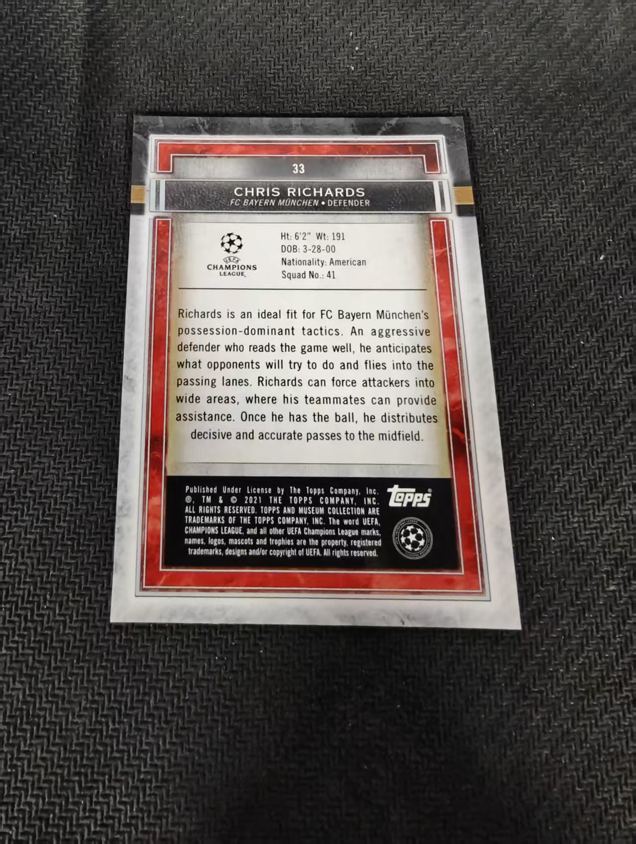 【可合并,不累计】2021 Topps Museum chris richards 克里斯 理查德斯 拜仁慕尼黑 欧冠 博物馆 边角瑕疵