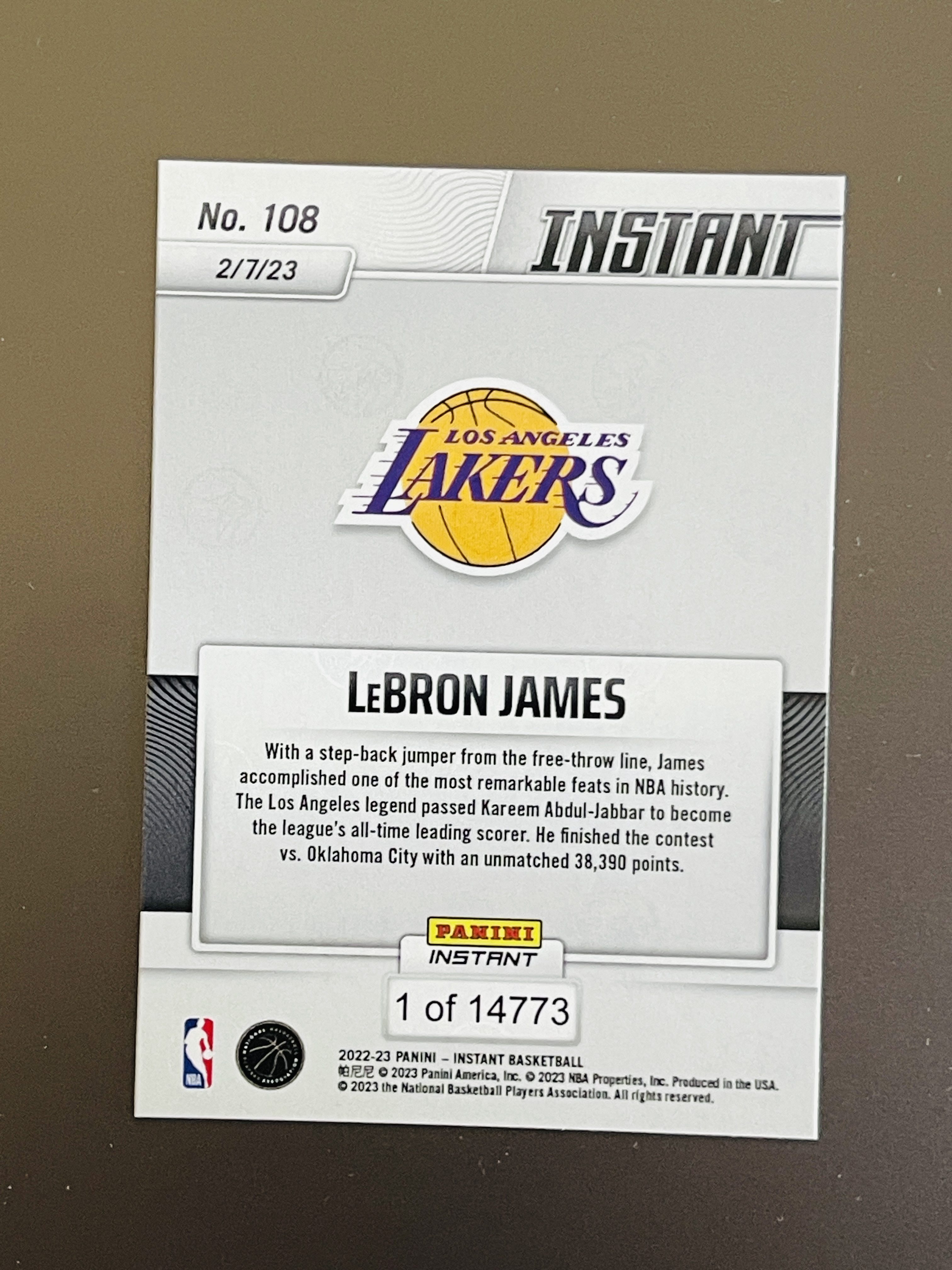 2022-23 Panini Instant LeBron James 【鲸鱼卡社】TW 湖人 勒布朗詹姆斯 NBA历史最高得分记录 第二张 详见描述
