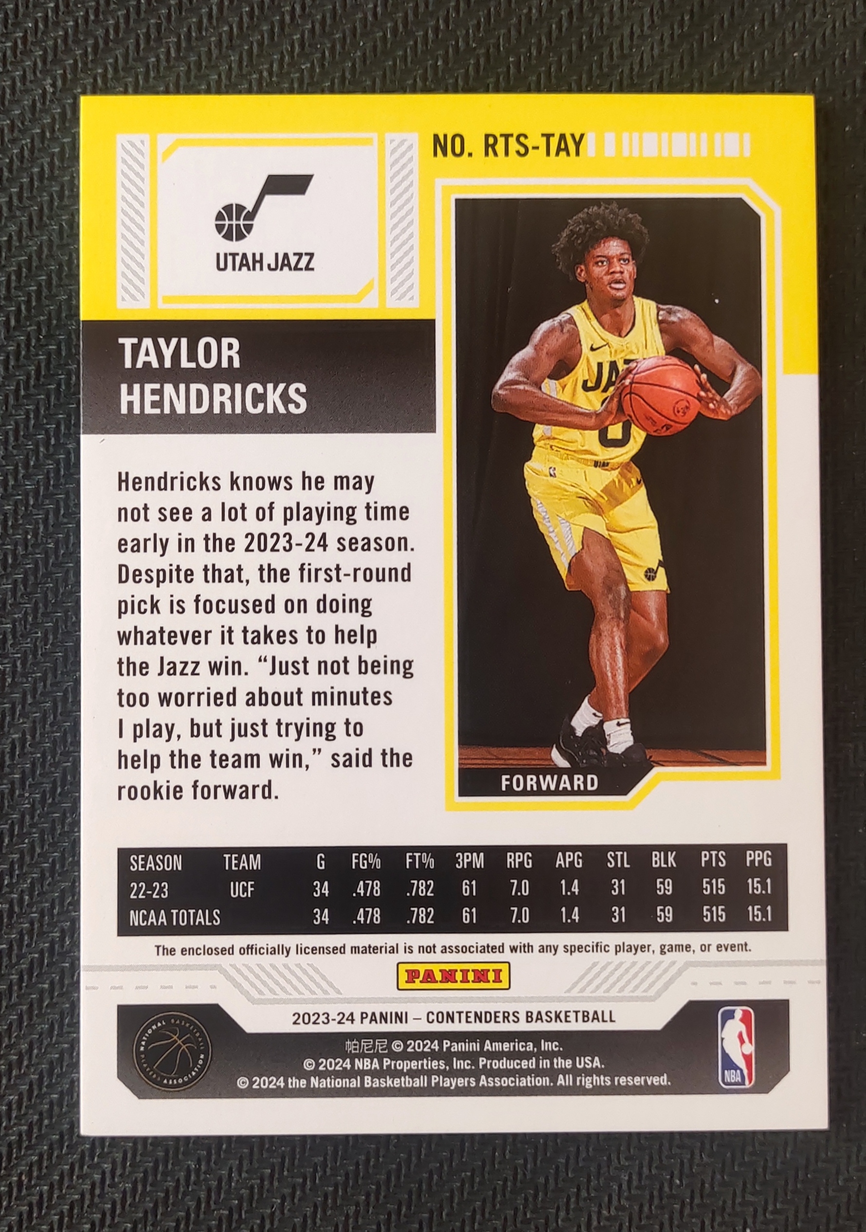 2023-24 Panini Contenders Taylor Hendricks RC 泰勒 亨德里克斯 爵士 新秀 球票 小窗 球衣 物料 切割 瑕疵如图