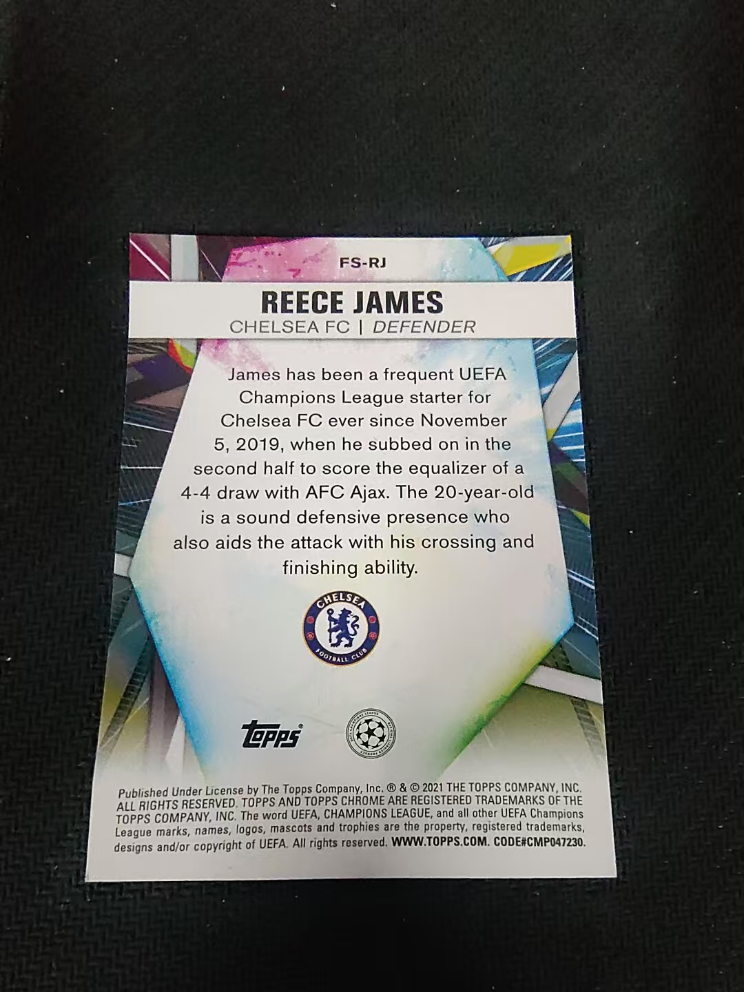 【可合并,不累计】2021 Topps Chrome Reece James 欧冠 蓝宝石 英格兰 切尔西 后卫 里斯 詹姆斯 未来之星特卡 碎冰折 划痕 边角瑕疵