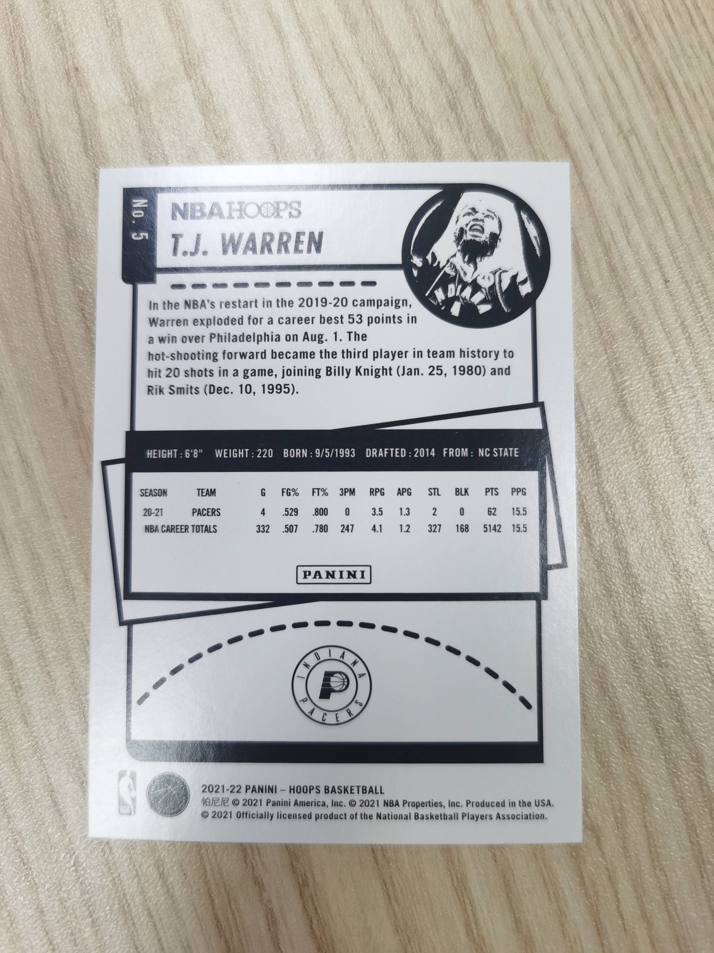 2021-22 Panini Hoops TJ Warren 2021-22 TJ-沃伦 hoops 涡轮 全能型前锋 现效力于篮网 硬通货 极具收藏价值 步行者