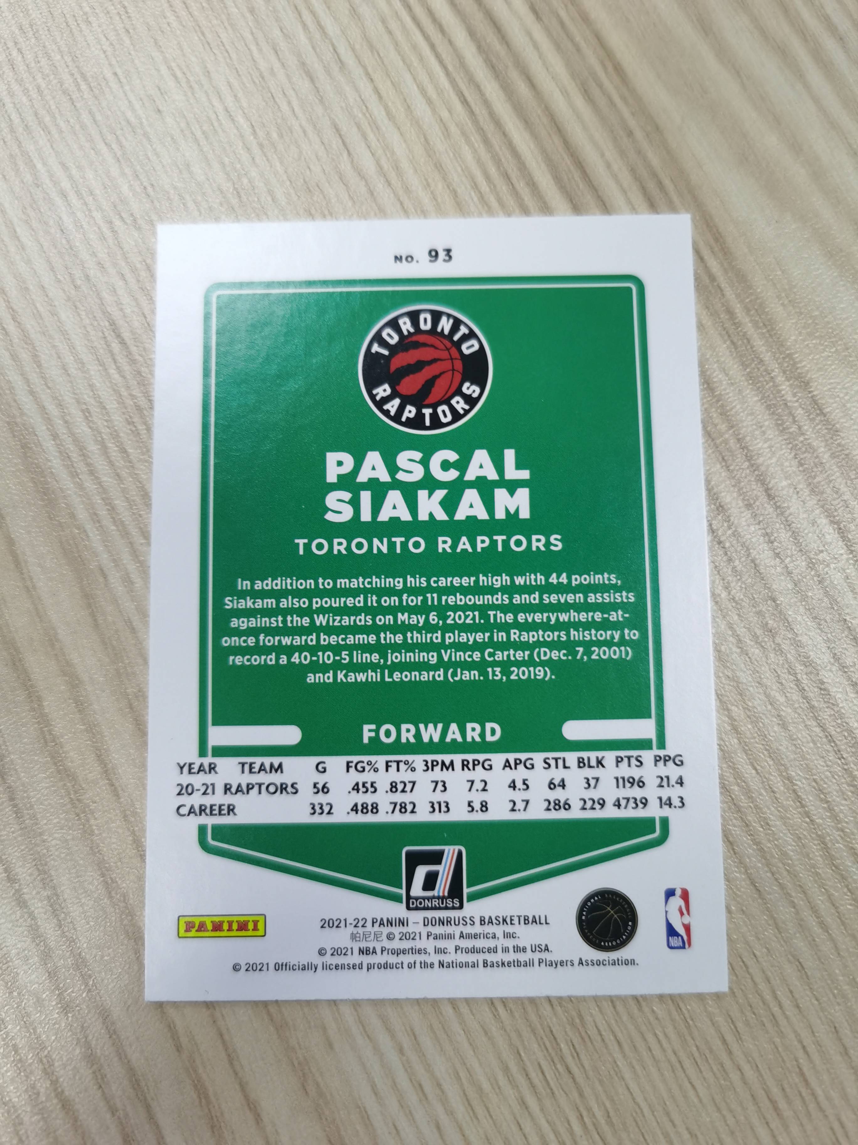 2021-22 Panini Donruss Pascal Siakam 2021-22 西亚卡姆 杜蕾斯 总冠军成员 猛龙 步行者 硬通货 极具收藏价值
