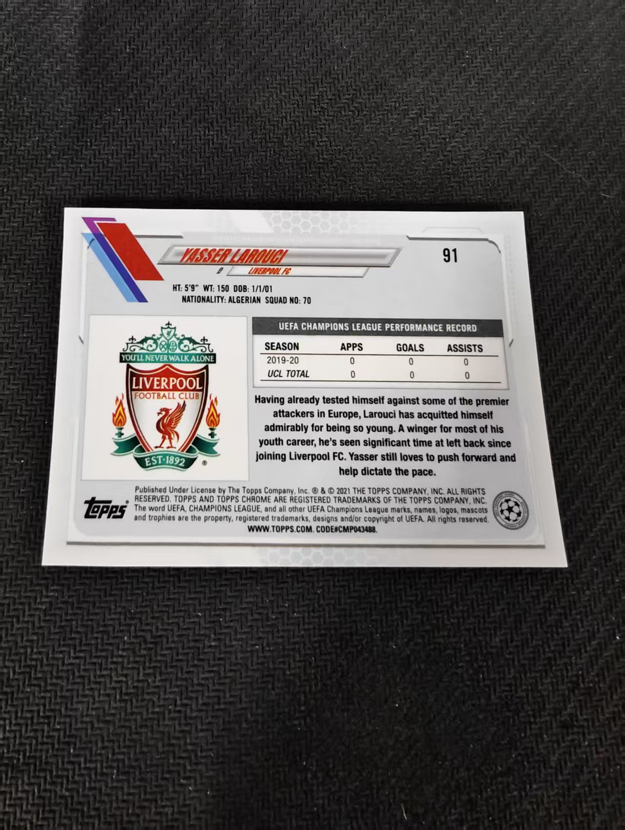 【可合并,不累计】2021 Topps Chrome Yasser Larouci 欧冠 拉鲁奇 利物浦 RC 新秀 划痕 边角瑕疵 @91