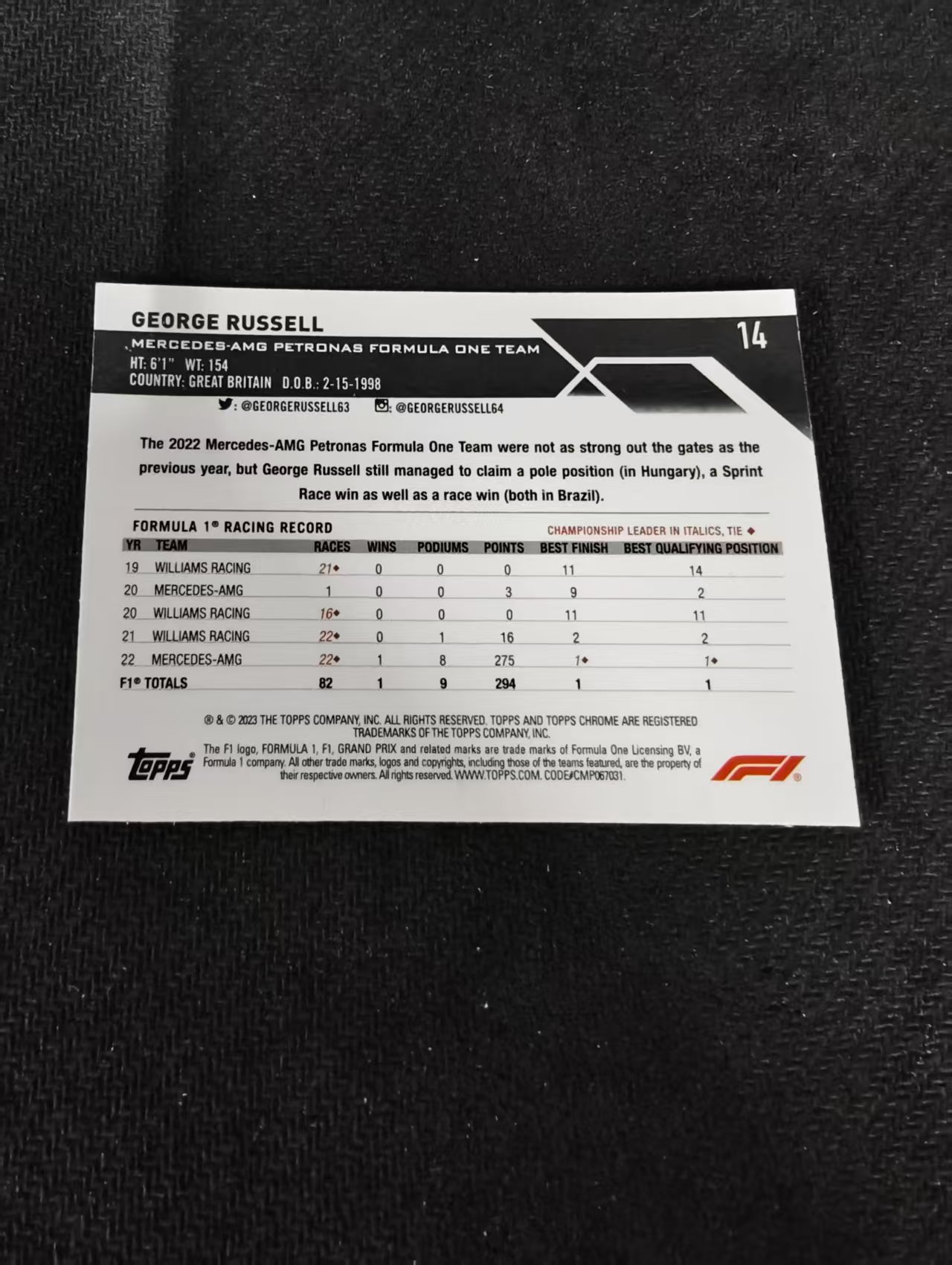 2023 Topps Chrome F1 George Russell 乔治 拉塞尔 梅赛德斯车队 划痕 边角瑕疵 #14
