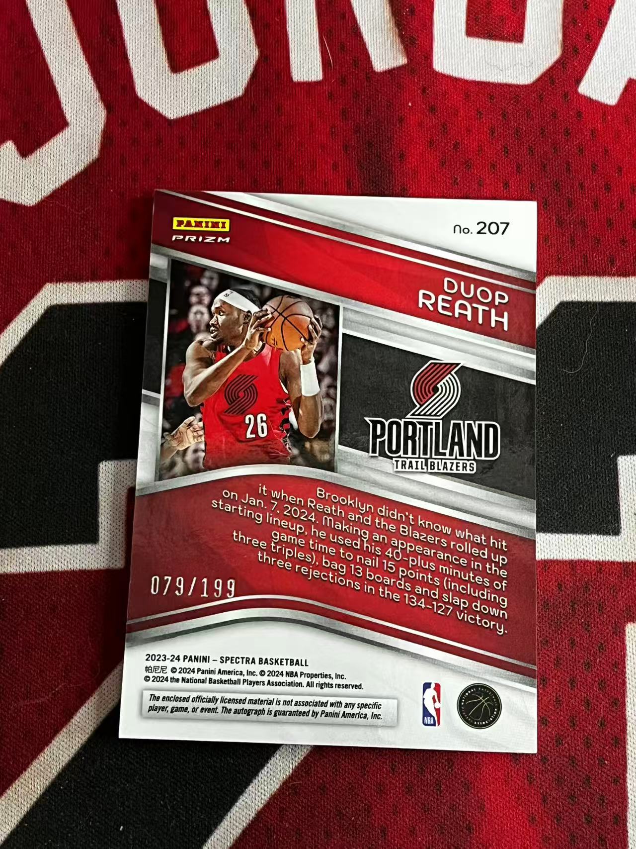 【接寄拍】2023-24 PANINI SPECTRA 光谱系列 开拓者 新秀RC 杜普里斯 199编 RJA 新秀球衣物料切割签字卡 银折 折射【烂臭嘴拍卖】