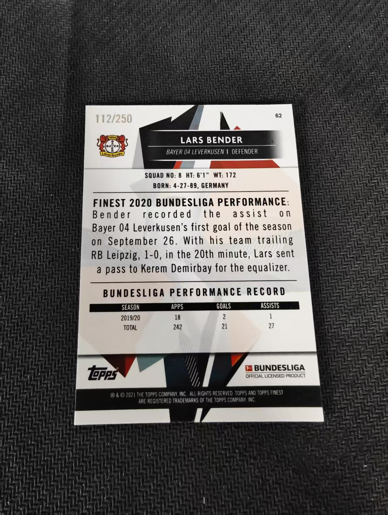 【可合并,不累计】2021 Topps Finest Lars Bender 德甲 勒沃库森 拉尔斯 本德 紫波纹 250编 瑕疵如图