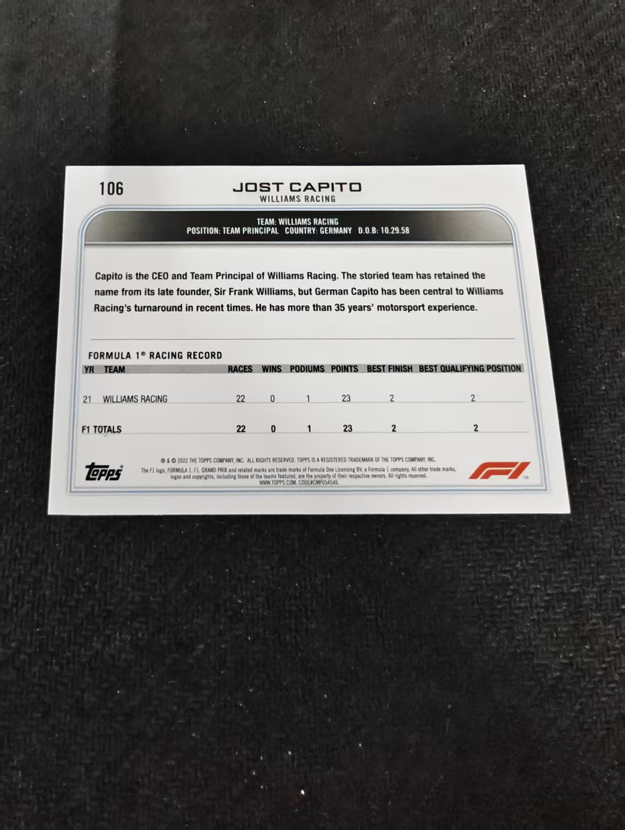 2022 Topps Chrome F1 Jost Capito 约斯特 卡皮托 威廉姆斯 黑白棋盘 划痕 边角瑕疵@106