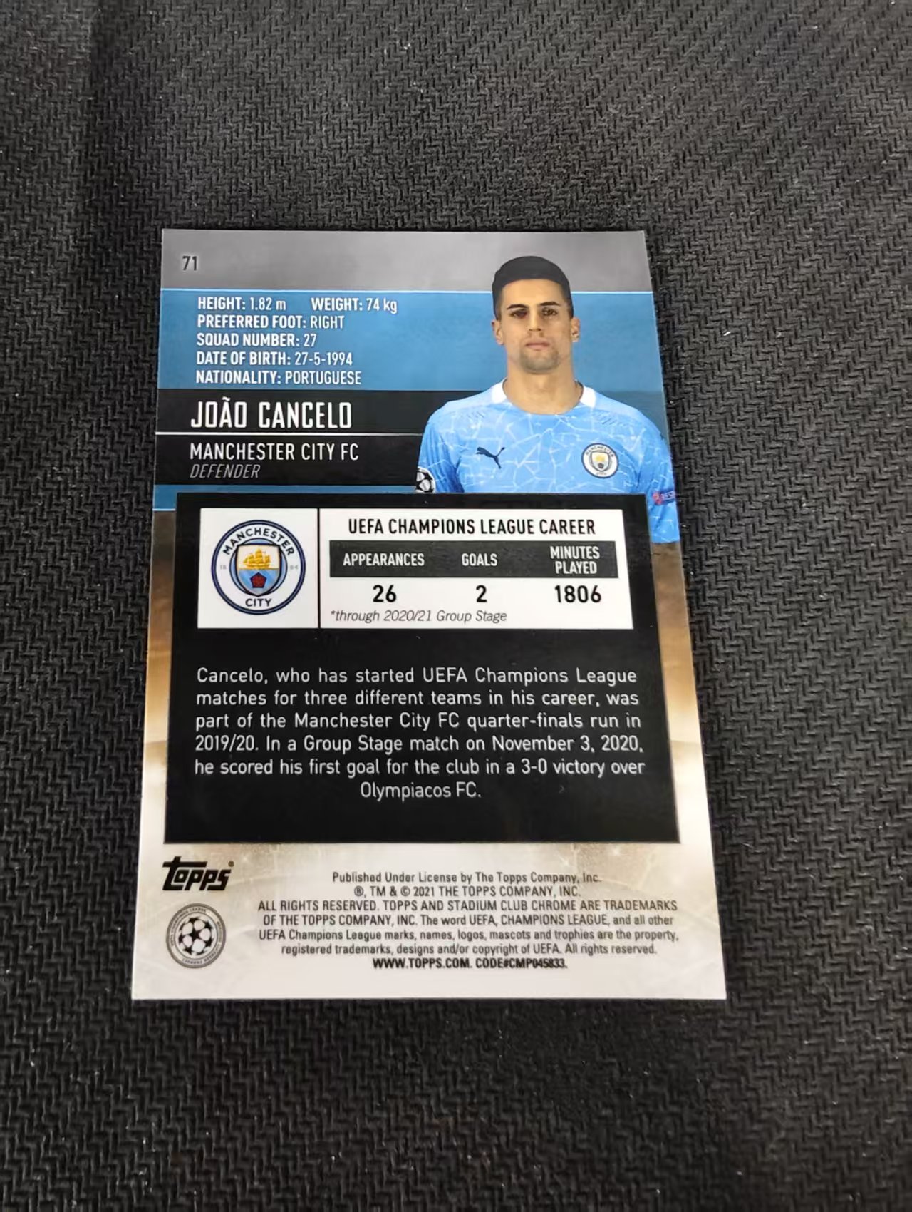 【可合并,不累计】2021 Topps Stadium Club Chrome Joao Cancelo 若昂 坎塞洛 曼城 竞技场 欧冠 划痕 边角瑕疵 #71