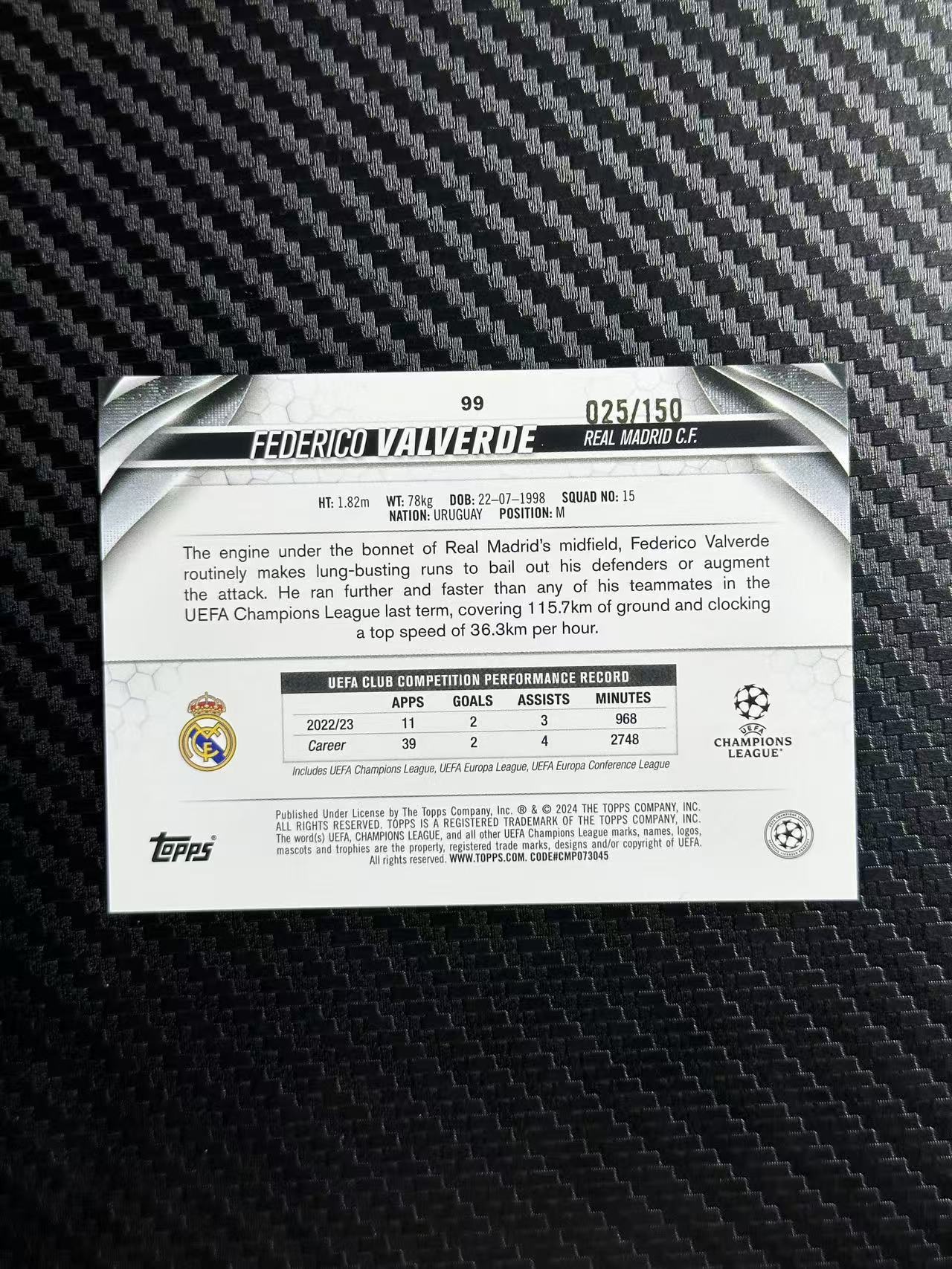 2024 Topps UCC Federico Valverde 欧冠 碧玉 巴尔韦德 皇家马德里 皇马 新年限定折 025/150编 卡品如图 拍前看描述