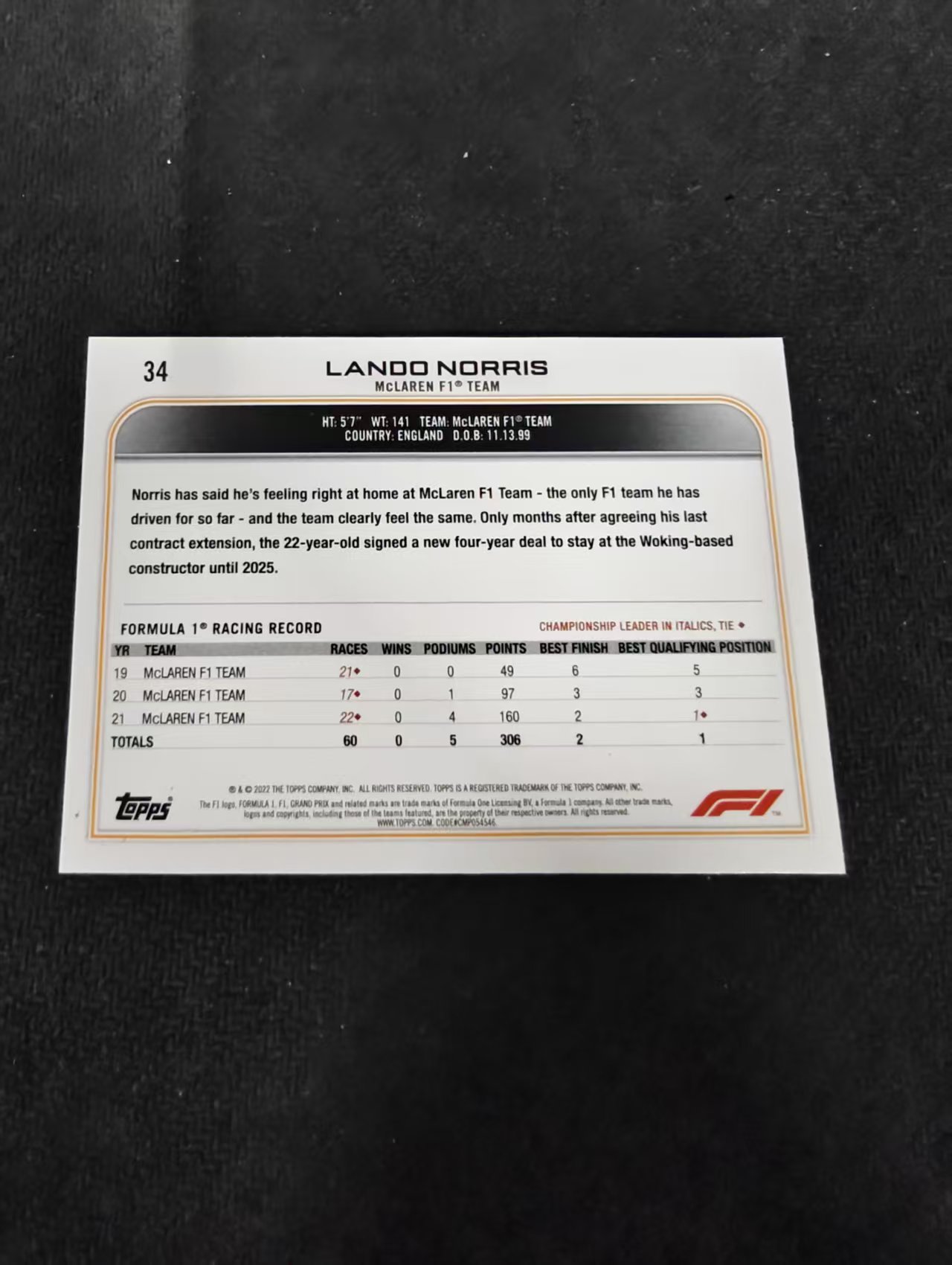 2022 Topps Chrome F1 Lando Norris 兰多 诺里斯 迈凯伦车队 划痕 边角瑕疵 @34
