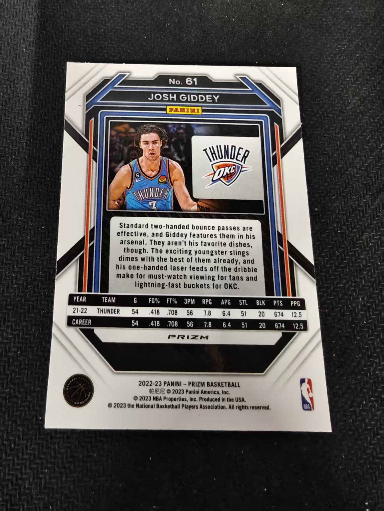 2022-23 Panini Prizm Josh Giddey 雷霆 约什 吉迪 红波纹 PZ 划痕 边角瑕疵 #61
