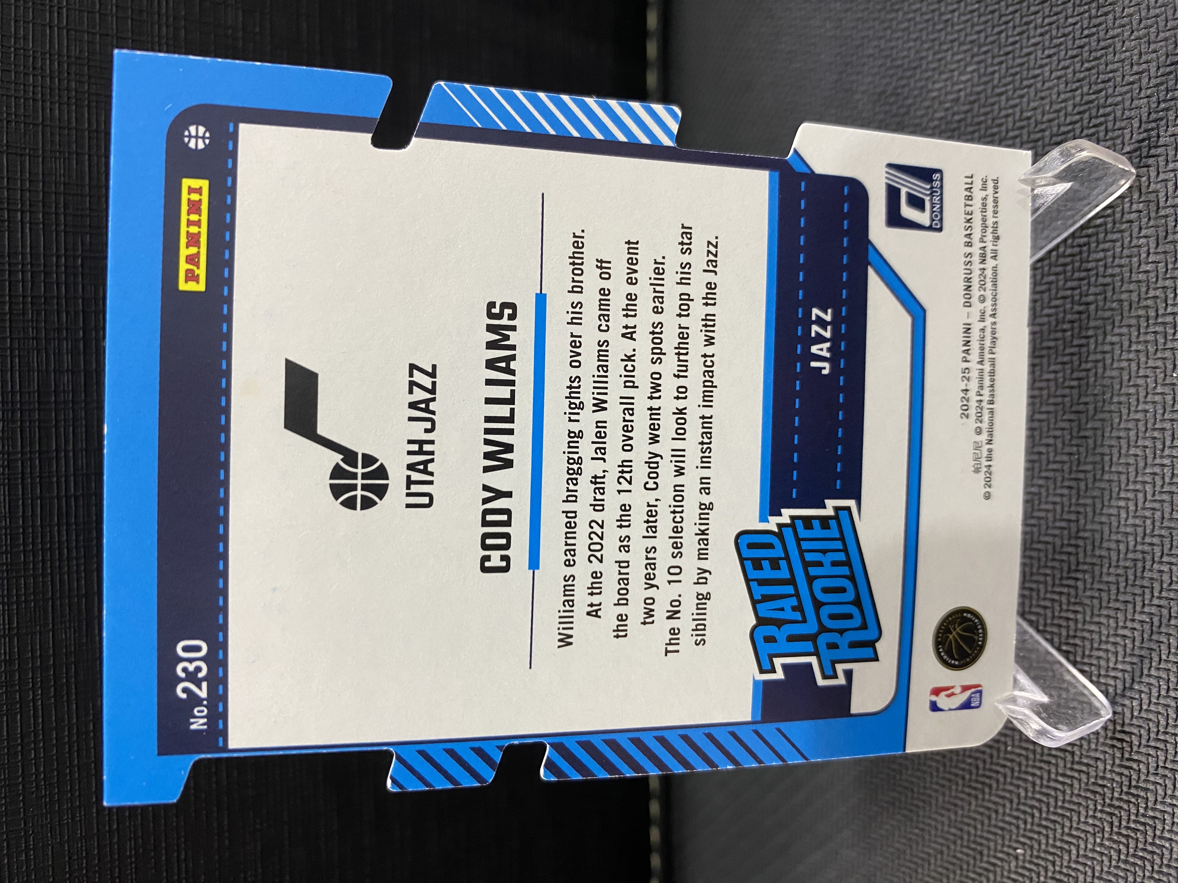 2024-25 Panini Donruss Cody Williams RC 杜蕾斯 新秀 科迪 威廉姆斯 爵士 75编 折射 银折 异形切割 收藏必备 卡品如图 -吹-【乌苏拍卖】