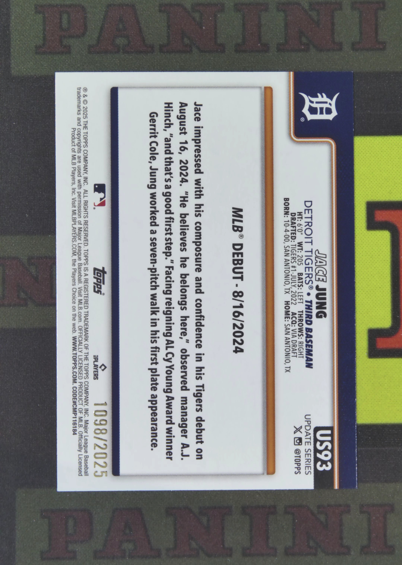 2025 Topps Update Jace Jung RC Nirvana Project 杰斯 荣格 底特律老虎 新秀 首秀 1098/2025 金平行 年份编 卡品如图 收藏必备 吴¥