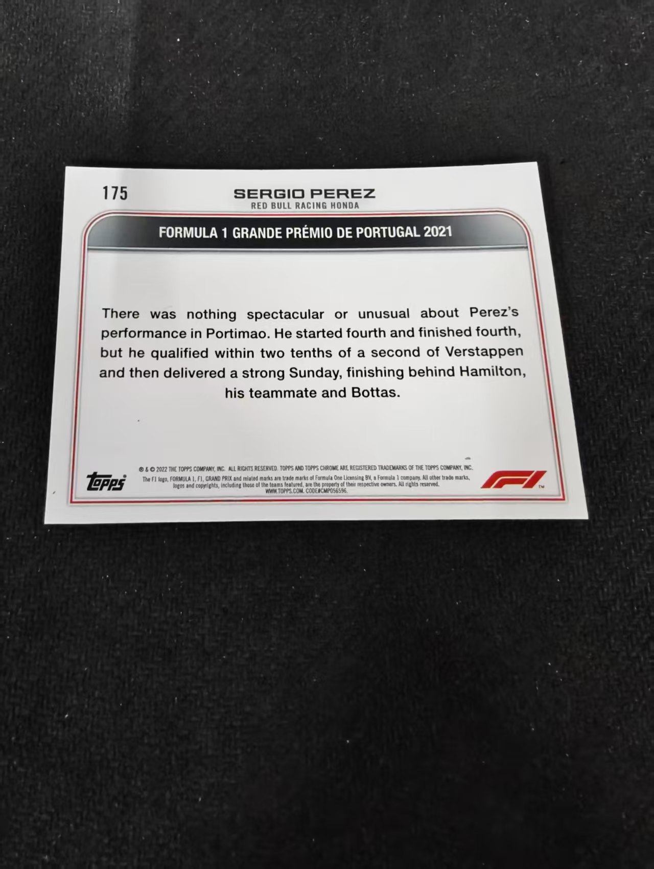 2022 Topps Chrome F1 Sergio Perez 塞尔吉奥 佩雷兹 红牛车队 划痕 边角瑕疵 #175