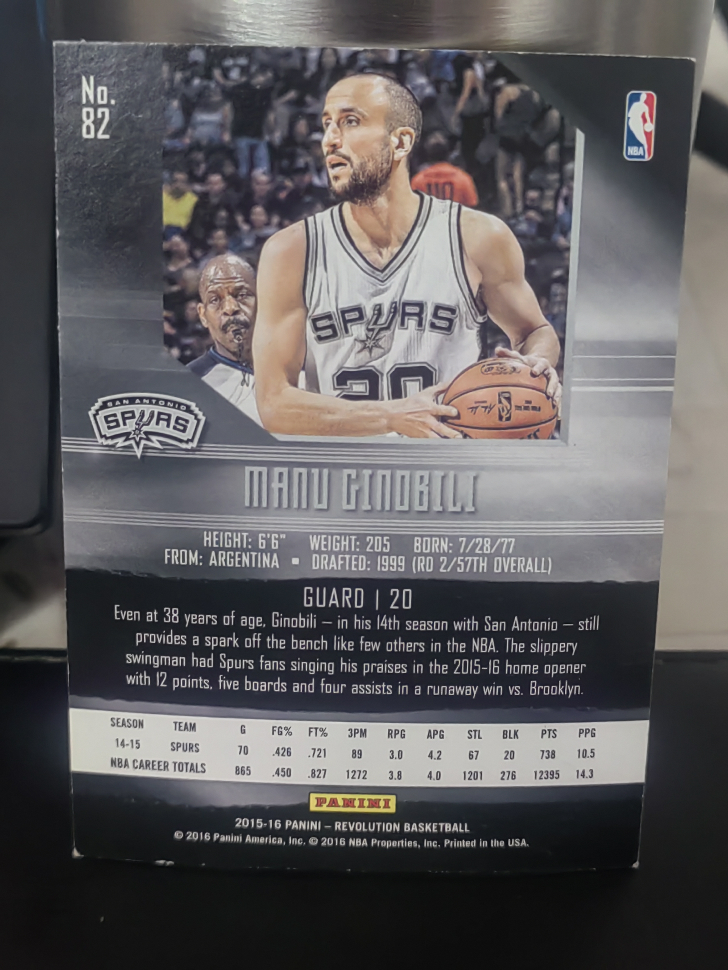 2015-16 Panini Revolution Manu Ginobili 革命 马努 吉诺比利 马刺 名宿 篮 白边白角 不保卡品 卡品如图