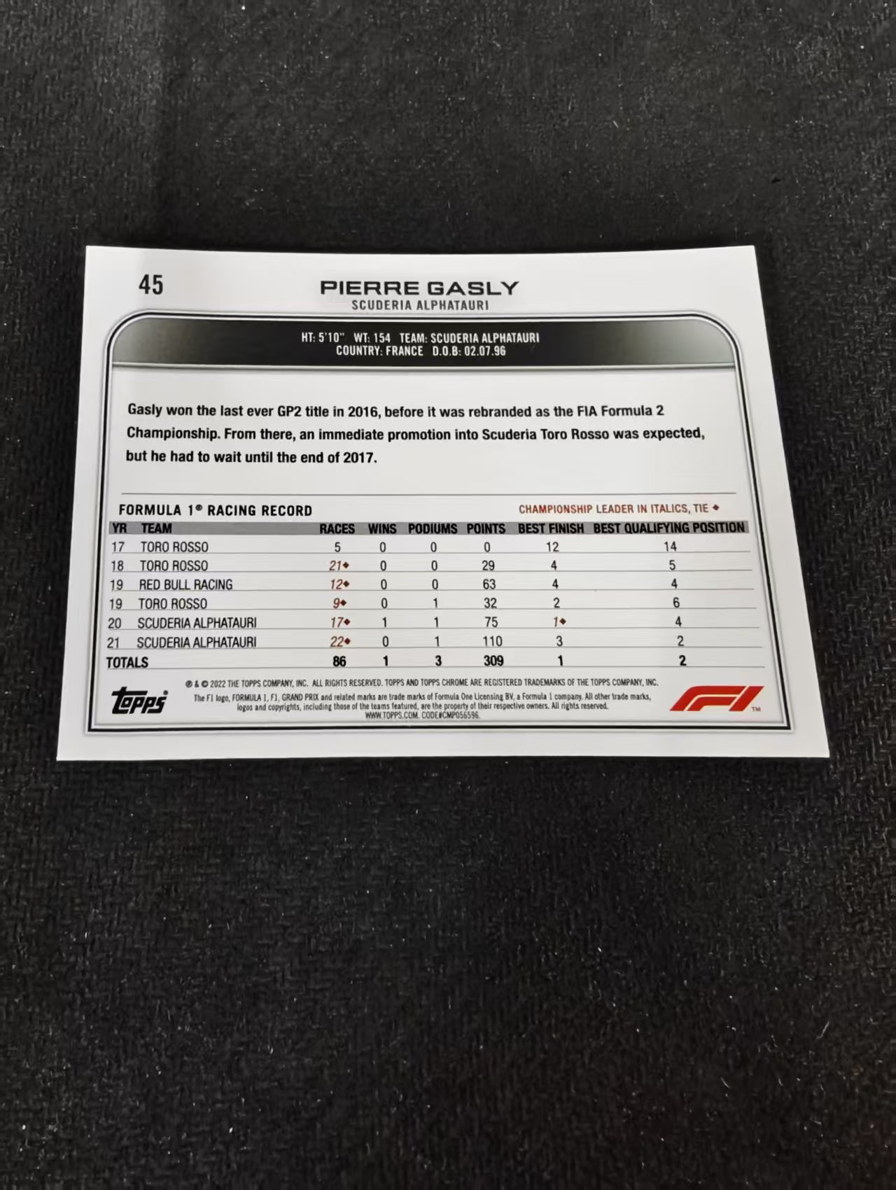 2022 Topps Chrome F1 Pierre Gasly 皮埃尔 加斯利 小红牛 划痕 边角瑕疵 #45