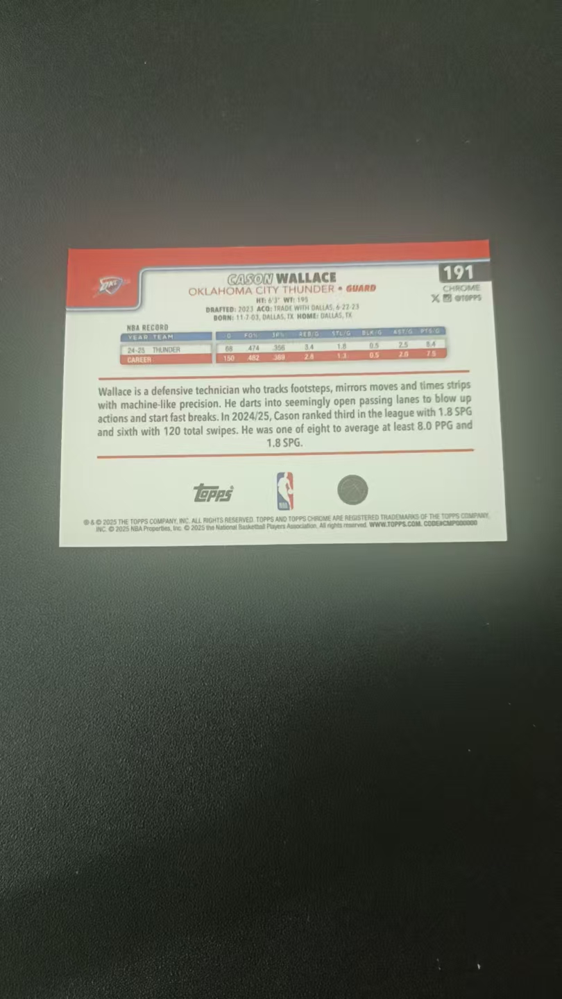 2024 Topps Chrome Cason Wallace #191 雷霆 卡森 华莱士 TC 元年 横版