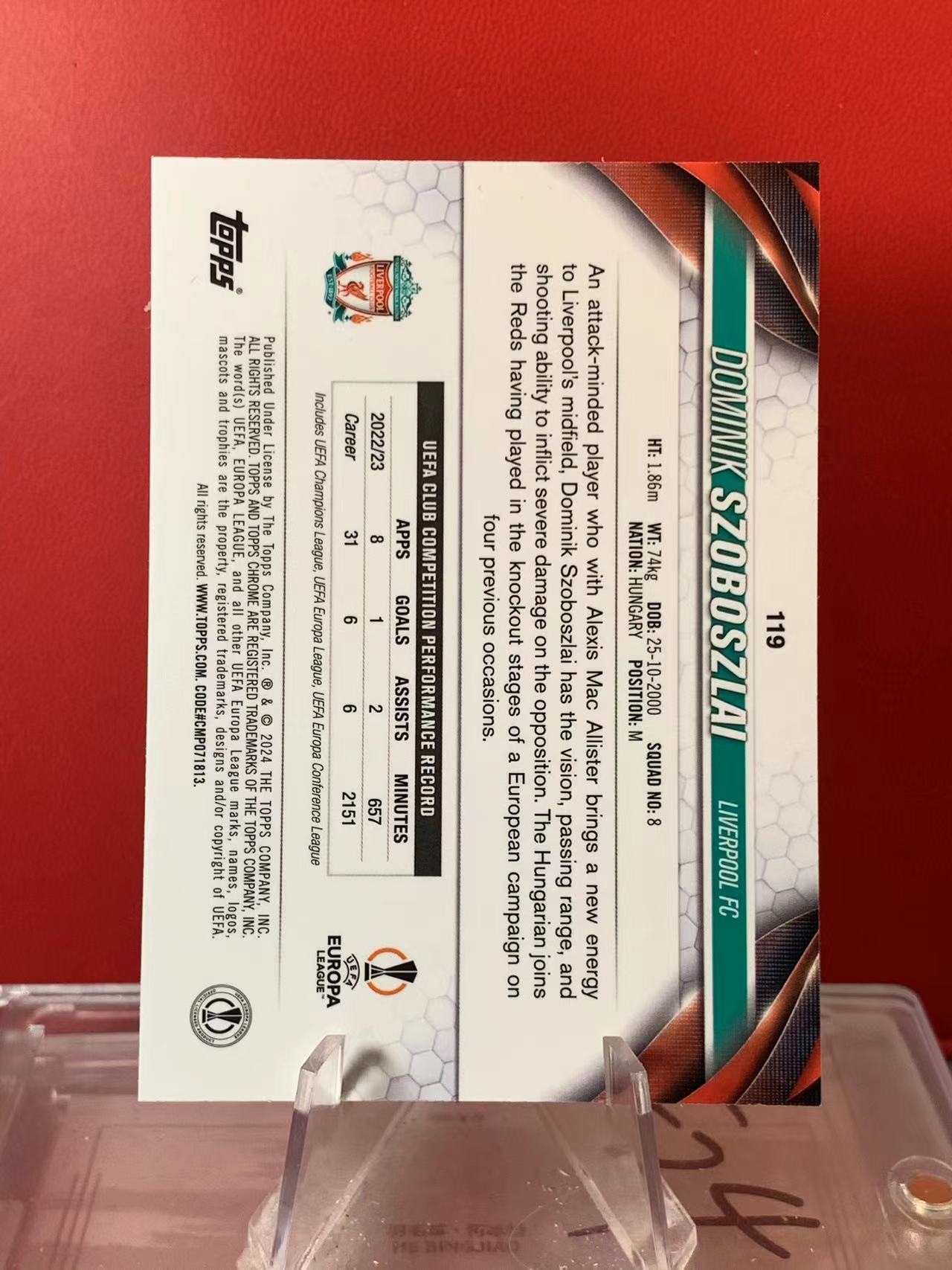 (詹叔代拍)2024 Topps Chrome Dominik Szoboszlai 欧战TC 利物浦 索博斯洛伊 绿波纹折 折射 334/399编 顺丰寄付 泰山
