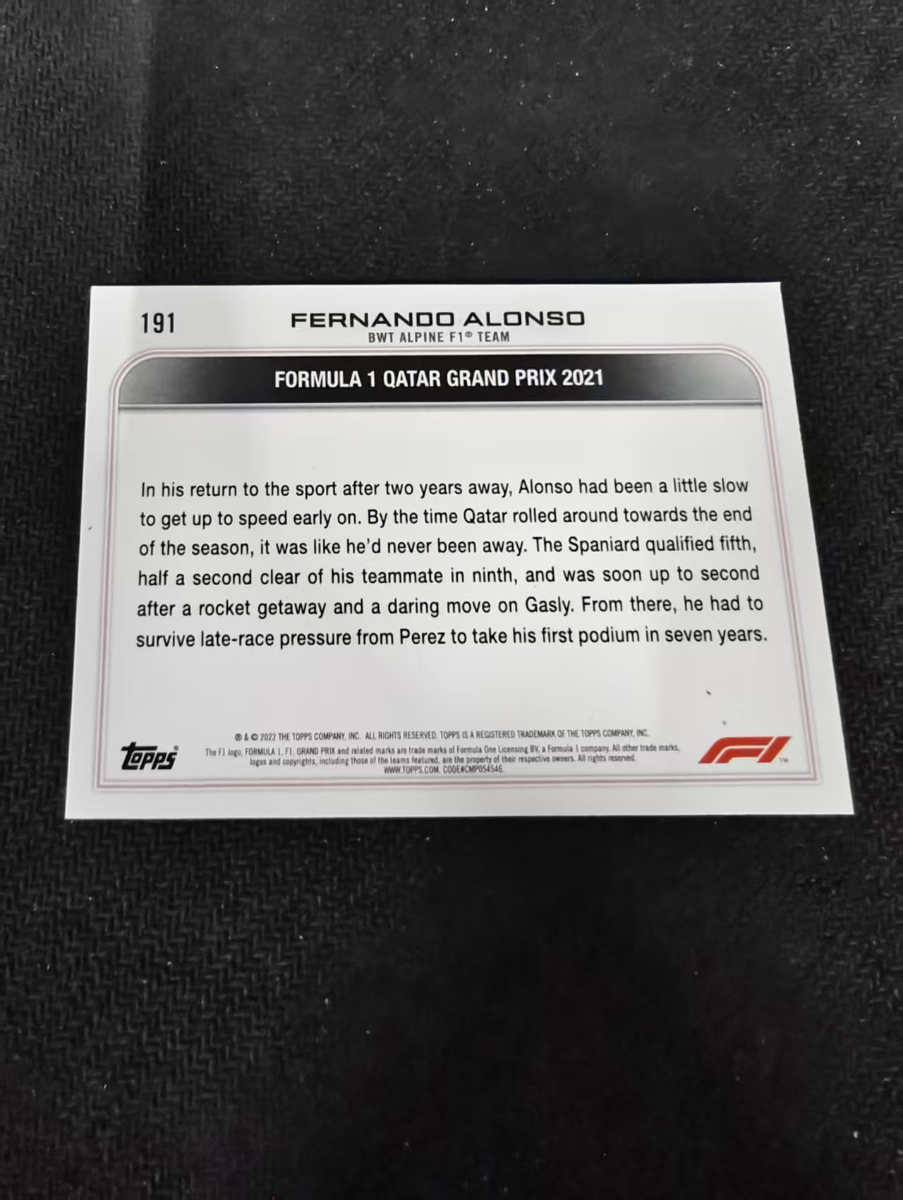 2022 Topps F1 Chrome Fernando Alonso 阿隆索 头哥 阿斯顿马丁 划痕 边角瑕疵 @191