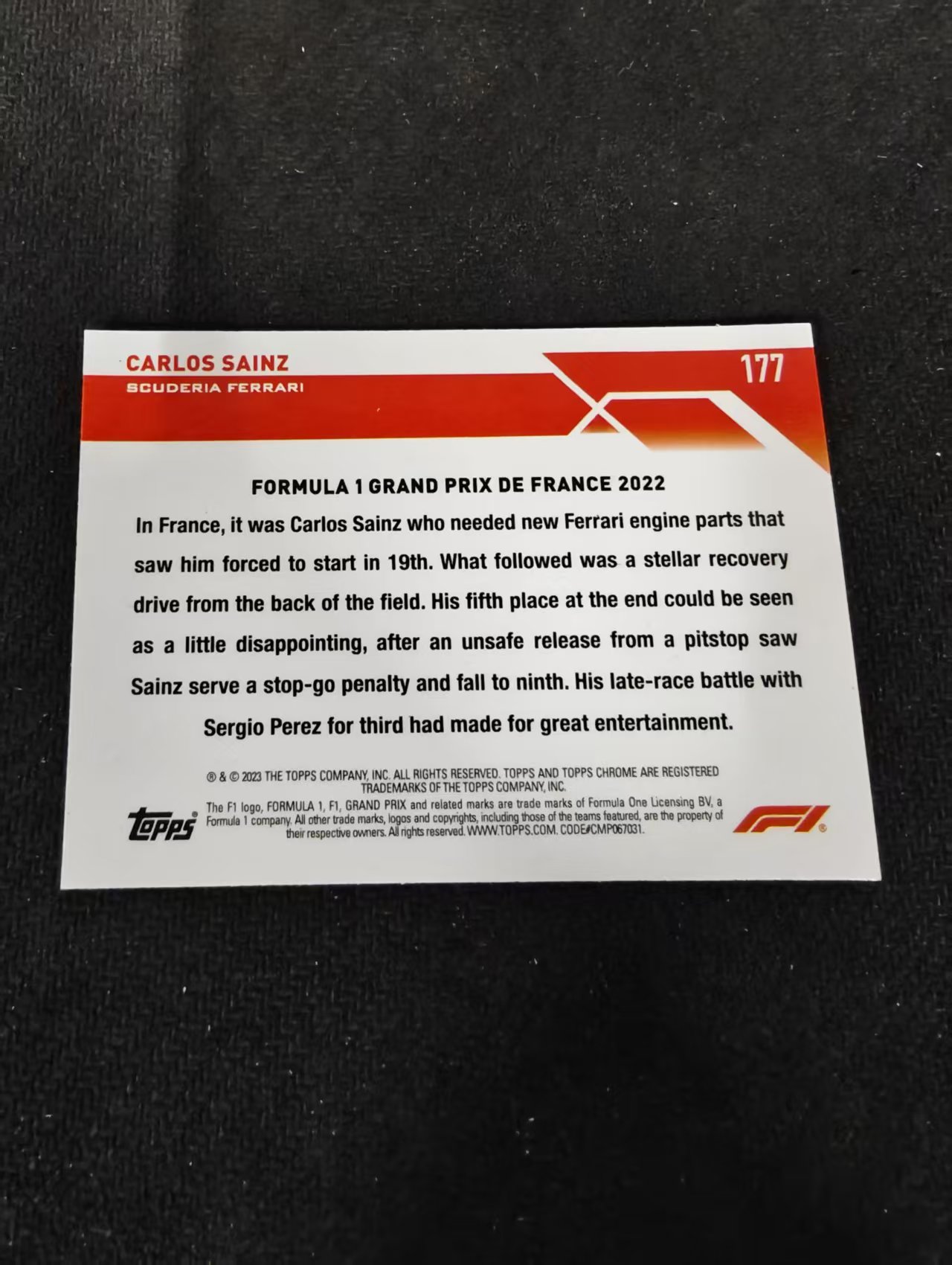 2023 Topps Chrome F1 Carlos Sainz 卡洛斯 赛恩斯 法拉利车队 划痕 边角瑕疵 #177