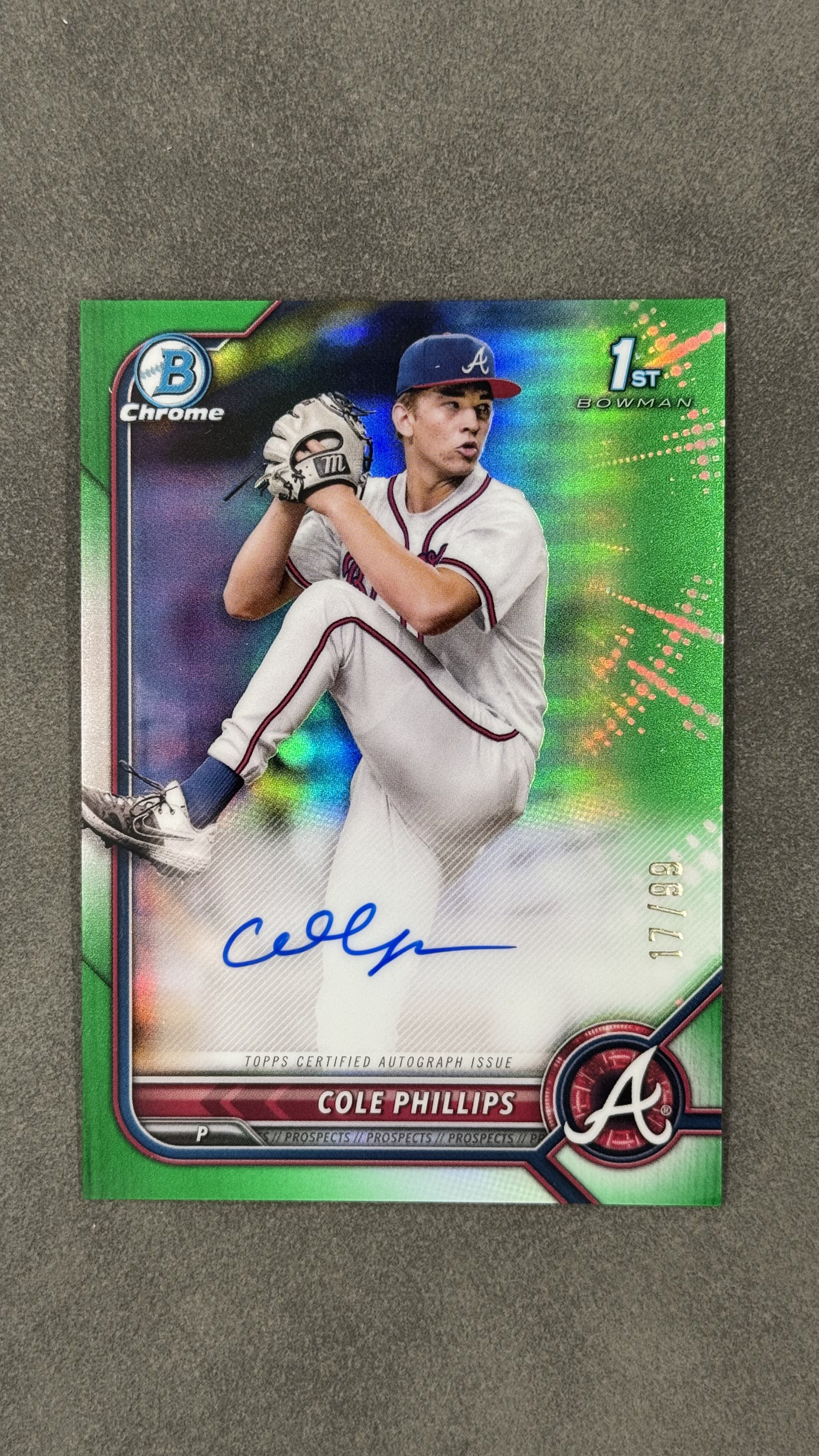 2022 Topps Bowman Cole Phillips 1st 勇士队 科尔・菲利普斯 签字 卡签 墨迹完美 绿平行 限量/99编 未来可期 值得投资收藏 卡品如图 #CDA-CPS