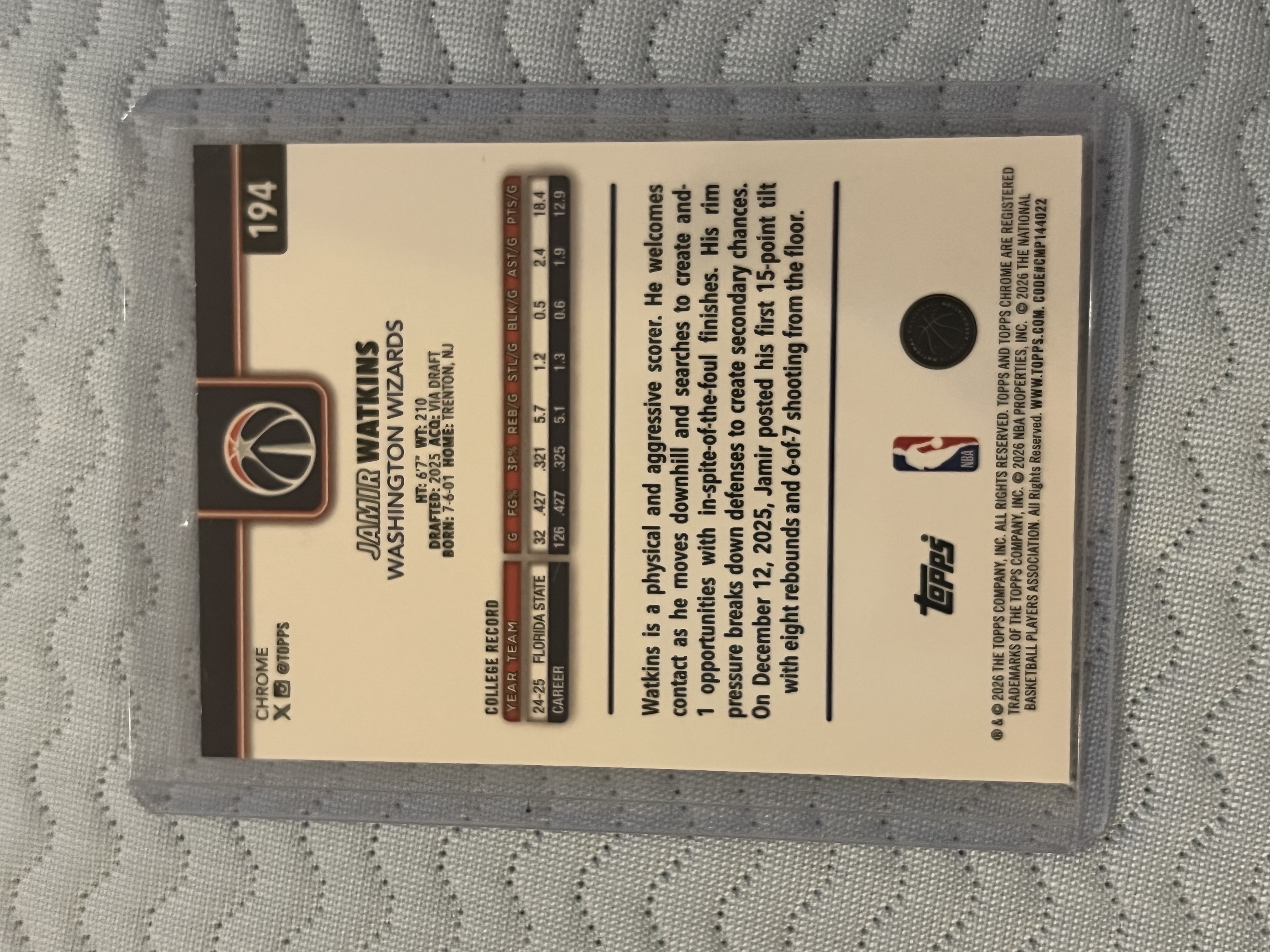 2026 Topps Chrome Jamir Watkins RC #194 奇才 贾米尔-沃特金斯 新秀RC 正base 格子平行 折射卡!!潜力新秀 未来可期!!凑套必备!!