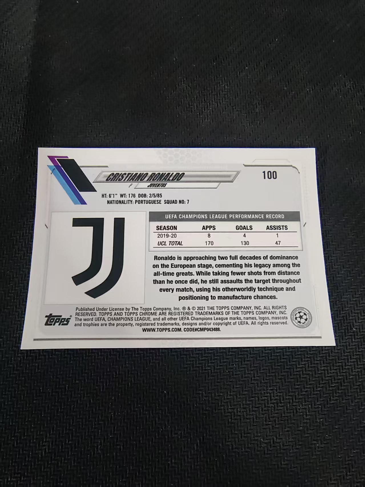【可合并,不累计】2021 Topps Chrome Cristiano Ronaldo 欧冠 尤文图斯 C罗 罗纳尔多 划痕 边角瑕疵 @100
