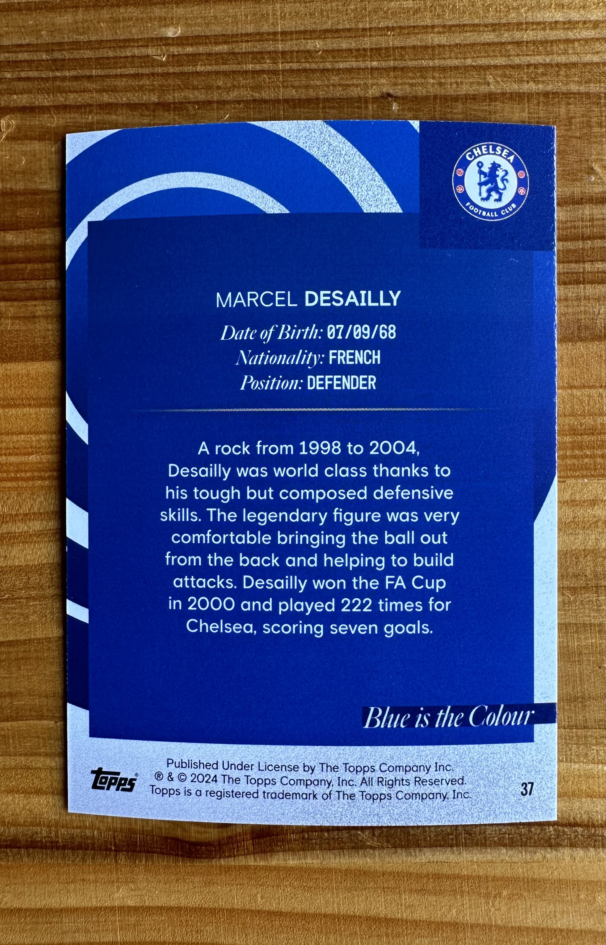 2024 Topps Chelsea FC 切尔西队盒 Desailly 切尔西 马塞尔德塞利 Blue Is The Colour蓝色本色特卡金折 14/50 正面印刷线 品控慎拍 不累计 菊-ZC