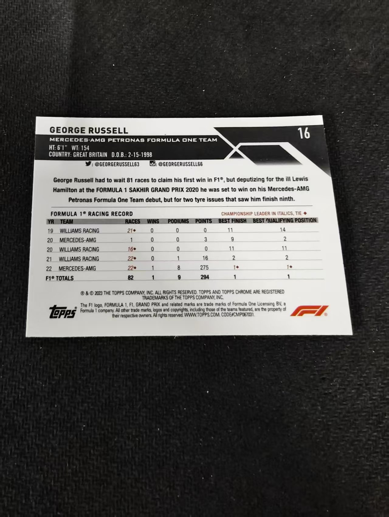 2023 Topps Chrome F1 George Russell 乔治 拉塞尔 梅赛德斯车队 划痕 边角瑕疵 #16