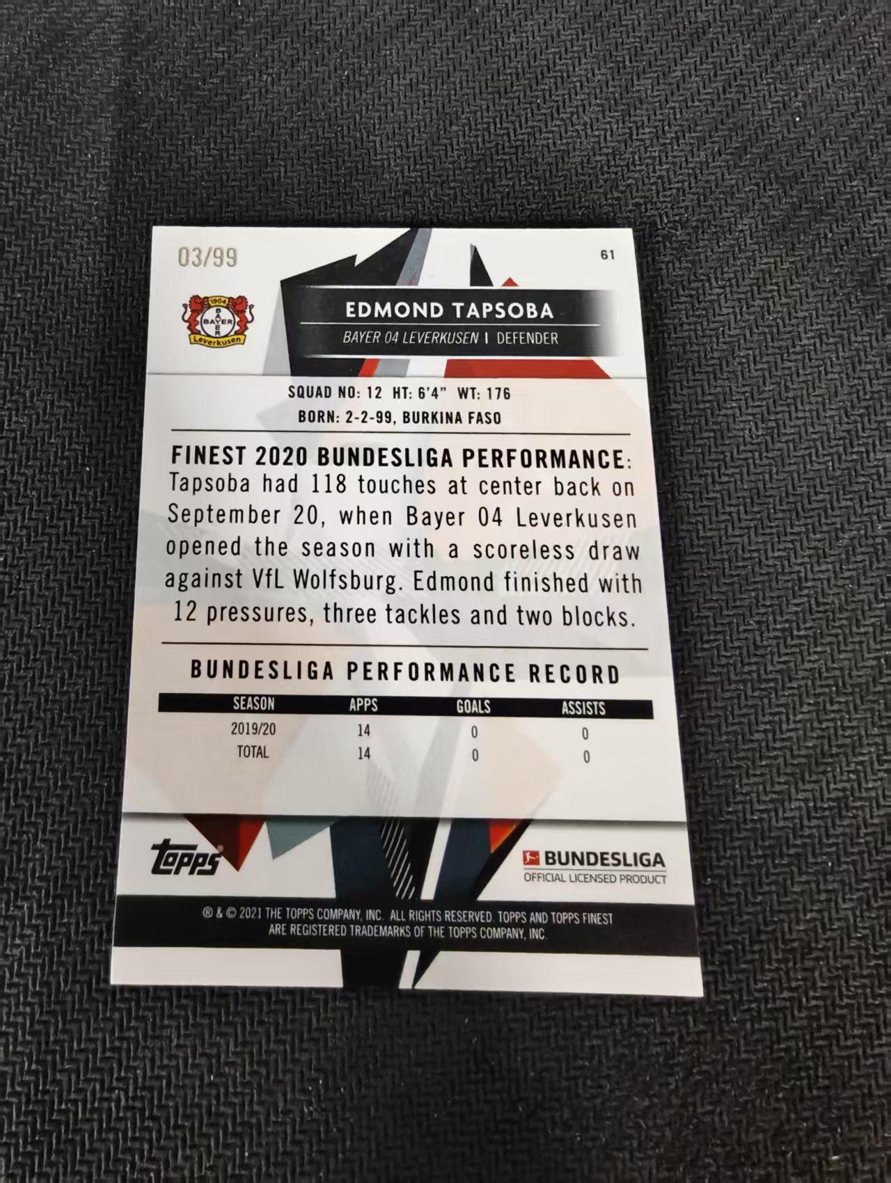 【可合并,不累计】2021 Topps Finest edmond tapsoba 德甲Finest 勒沃库森 汤普索巴 绿折 99编 瑕疵如图