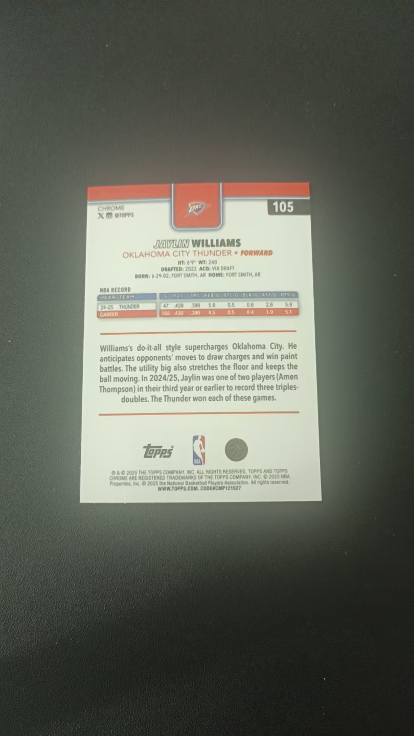 2025 Topps Chrome Jaylin Williams #105 雷霆 杰林 威廉姆斯 TC 元年