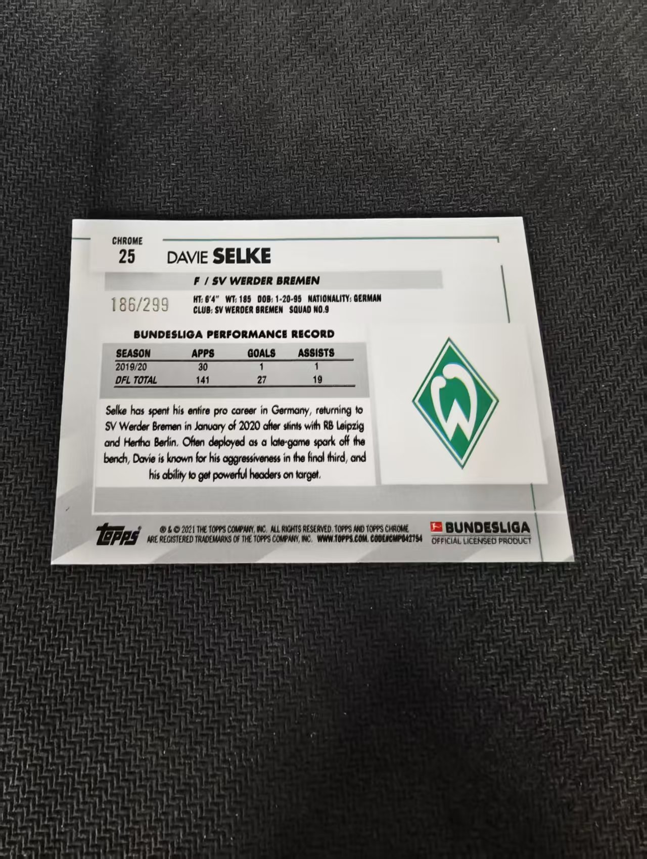 【可合并,不累计】2021 Topps chrome Davie Selke 塞尔克 德甲 不莱梅 紫折 299编