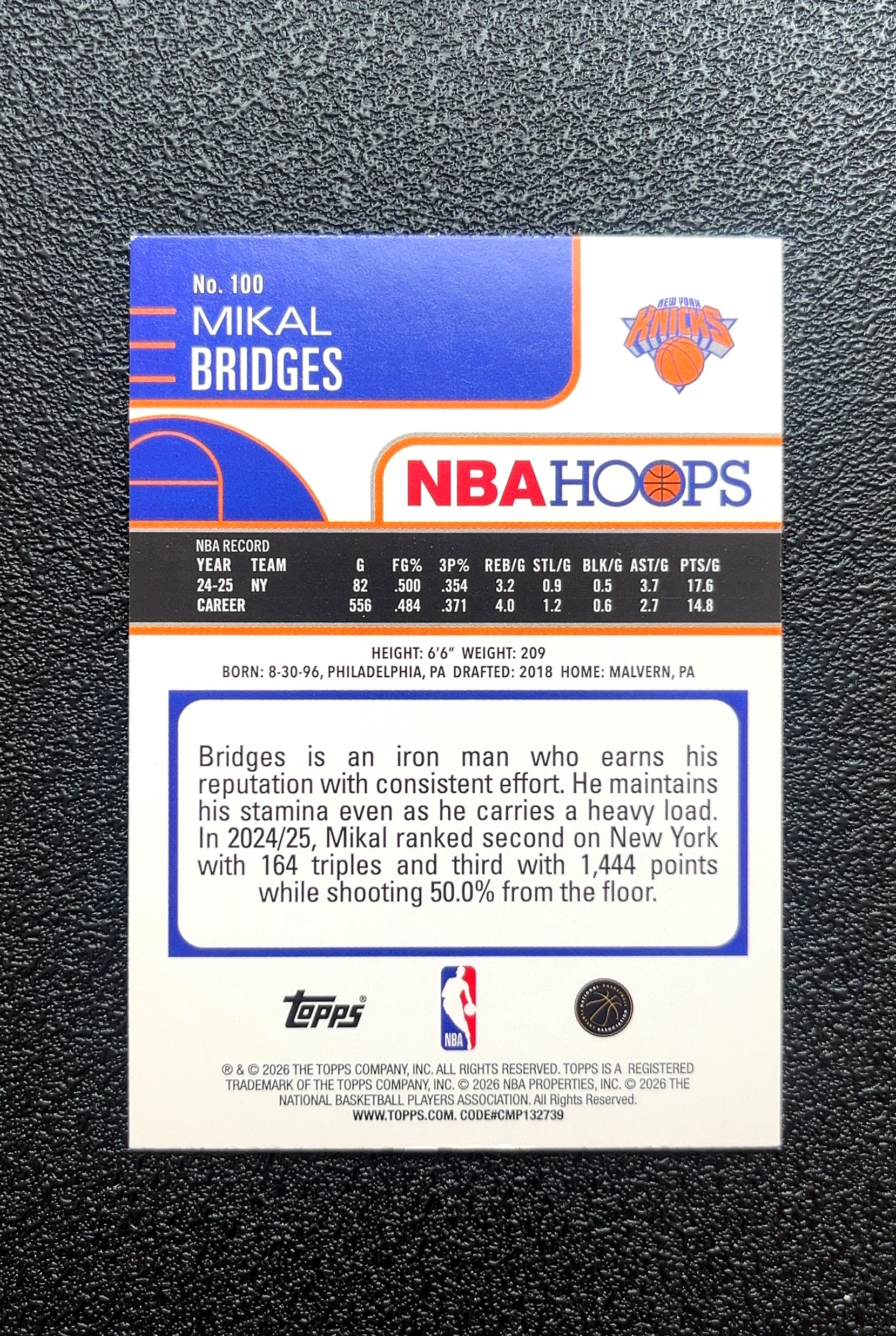【小白1%代卖】2026 Topps NBA HOOPS Mikal Bridges 米卡尔·布里奇斯 绿折 折射 卡品如图 高价值 #100 New York Knicks 0019#136