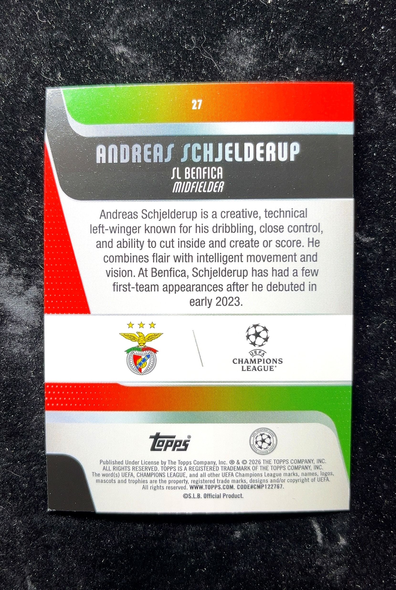 【小白1%代卖】2026 Topps Andreas Schjelderup 安德烈亚斯·斯赫尔德鲁普 粉变形虫折 折射 新秀 RC 卡品如图 高价值 #27 SL Benfica 本菲卡 0702