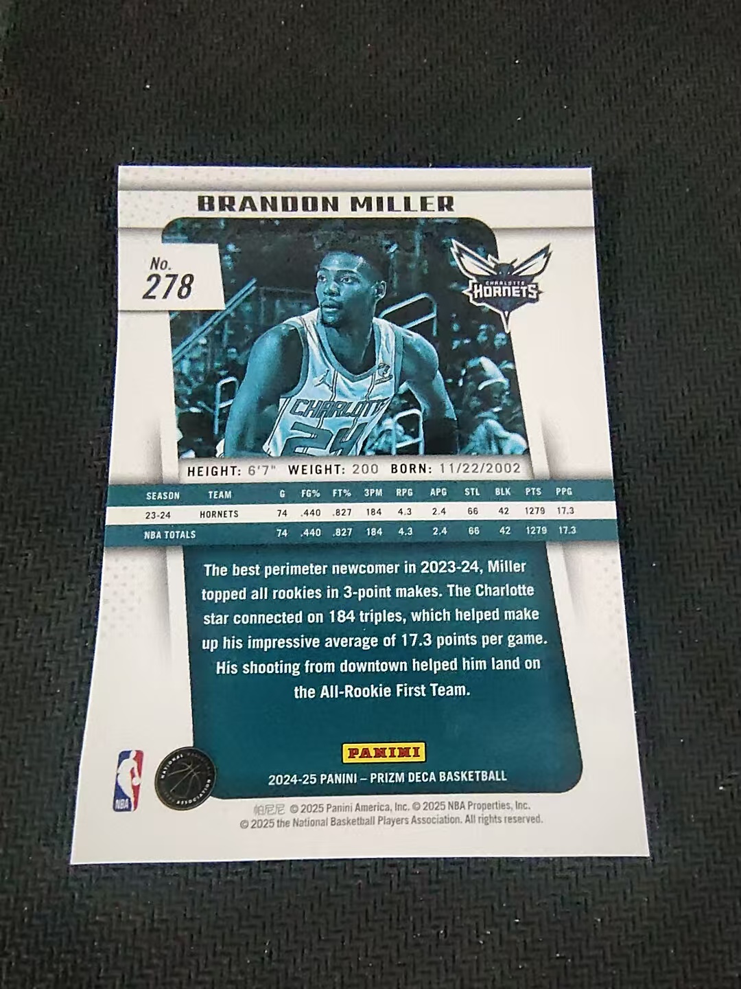 【可合并,不累计】2024-25 Panini Prizm Deca Brandon Miller 复刻PZ 布兰登 米勒 黄蜂 划痕 边角瑕疵 #278