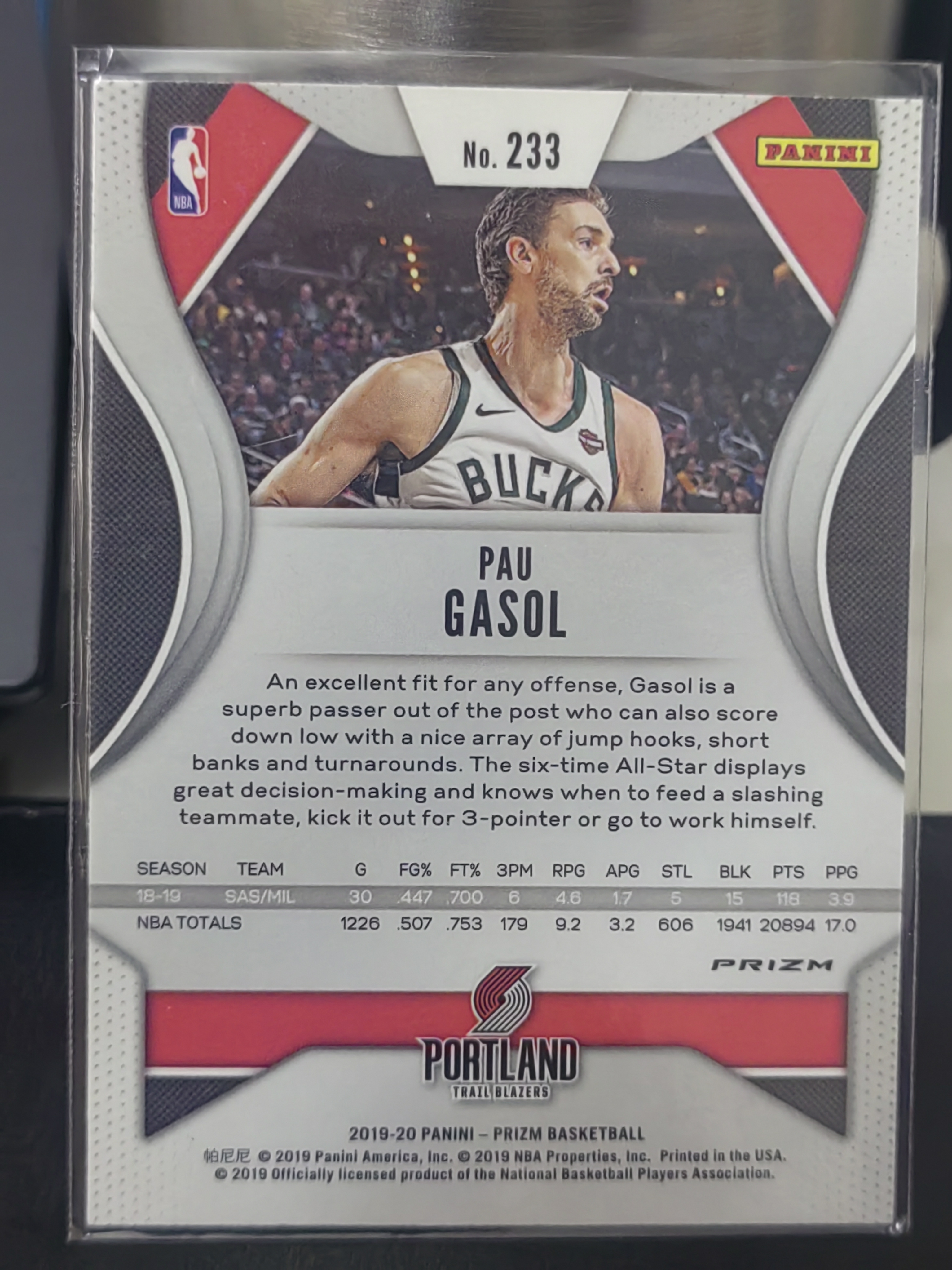 2019-20 Panini Prizm Pau Gasol PZ 银折 保罗 加索尔 雄鹿 开拓者 “篮 白边白角 不保卡品 卡品如图