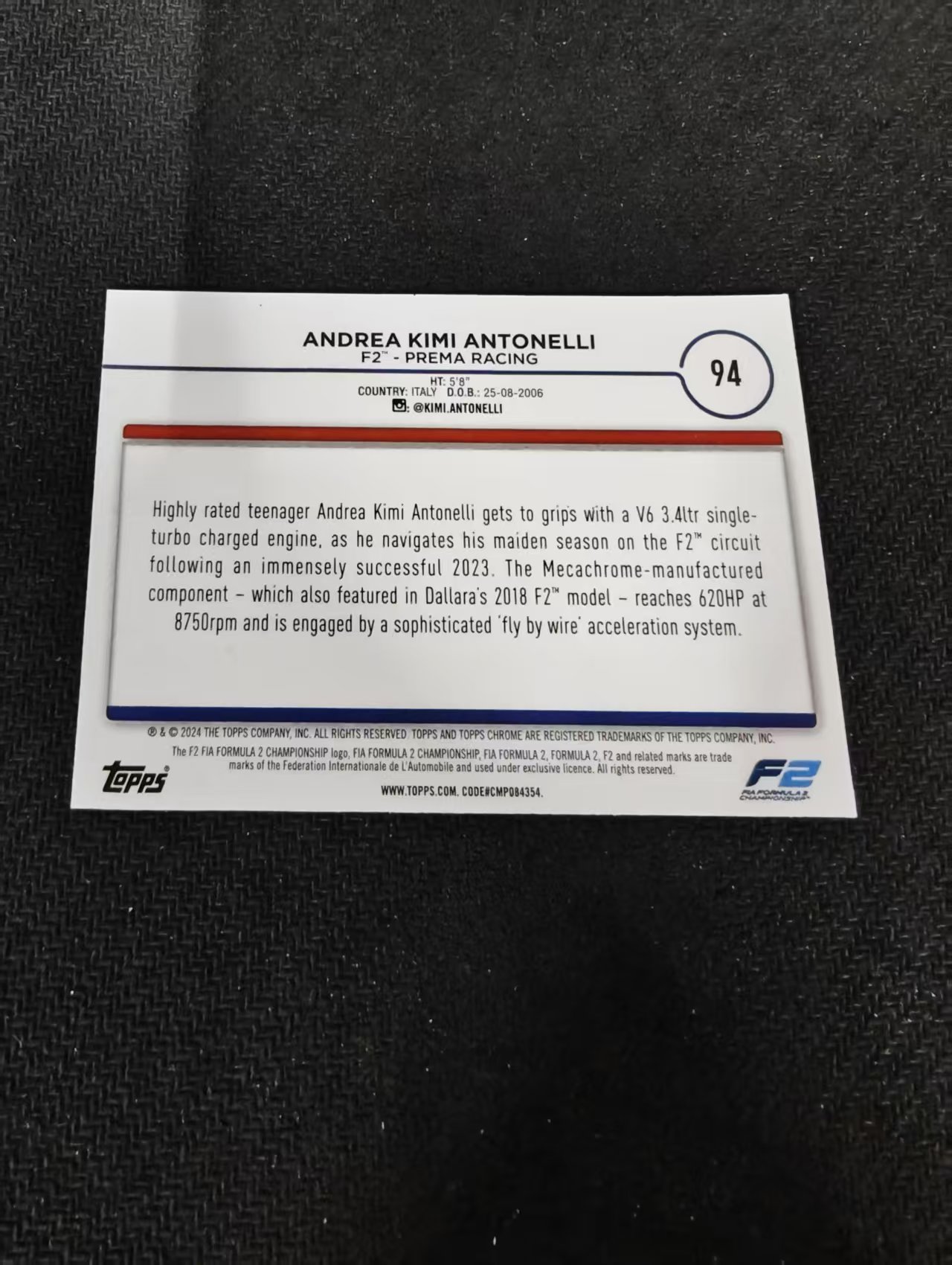 2024 Topps Chrome F1 Andrea Kimi Antonelli F2 基米安东内利 F2 划痕 边角瑕疵 #94