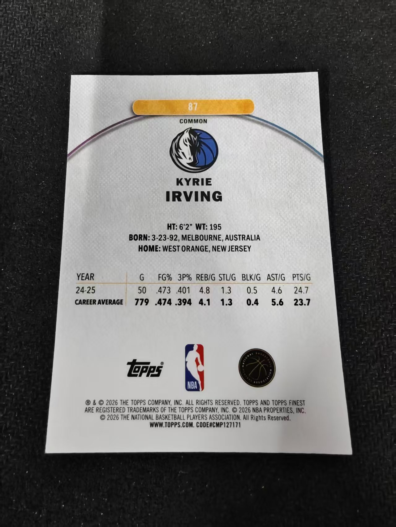 2026 Topps Finest Kyrie Irving 独行侠 凯里 欧文 欧神仙 油污折 折射 一级 瑕疵如图