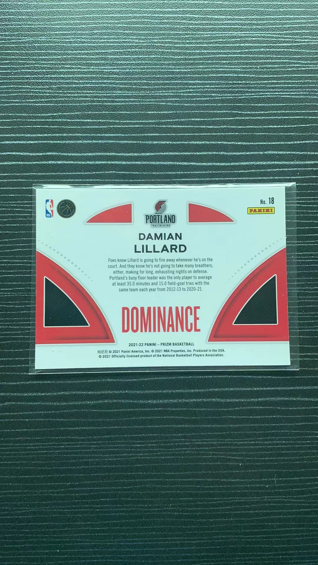 2021-22 Panini Prizm Damian Lillard 21/22赛季 帕尼尼 Prizm DOMINANCE 开拓者 达米恩 利拉德 特卡